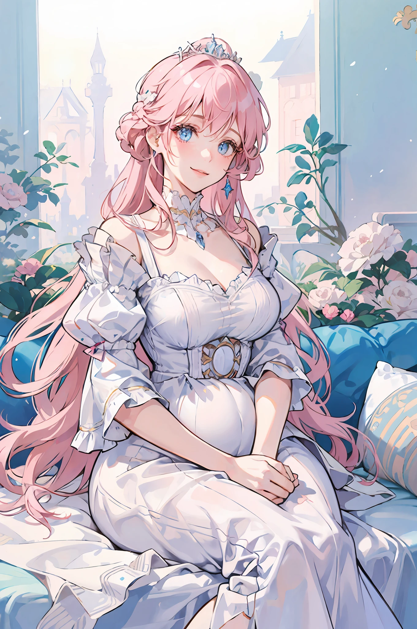 Woman with pink hair, light blue eyes, pregnant, white dress, smiling, detailed face, high quality, royalty, nobility, princess, elegant, pure