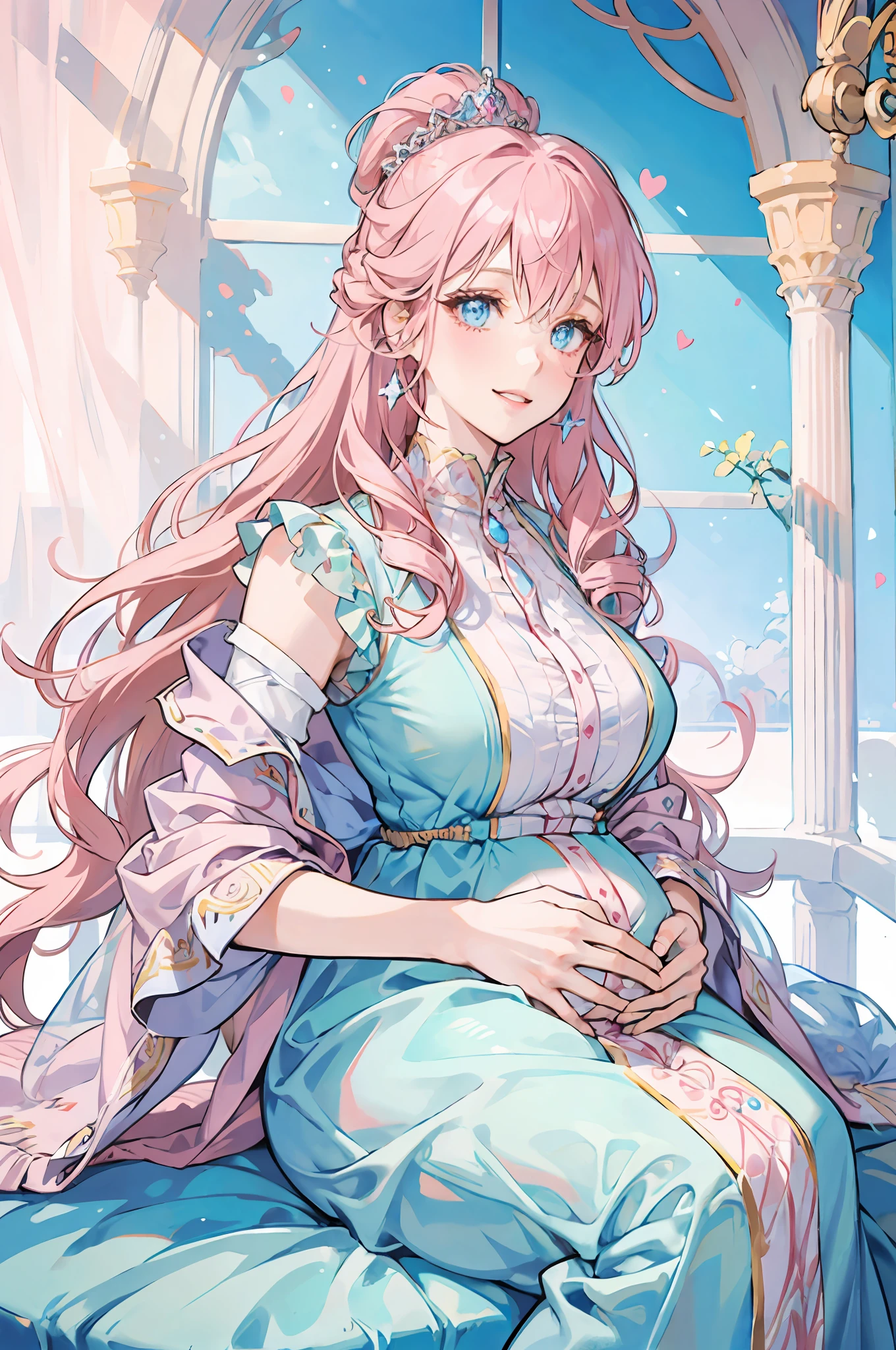 Woman with pink hair, light blue eyes, pregnant, white dress, smiling, detailed face, high quality, royalty, nobility, princess, elegant, pure