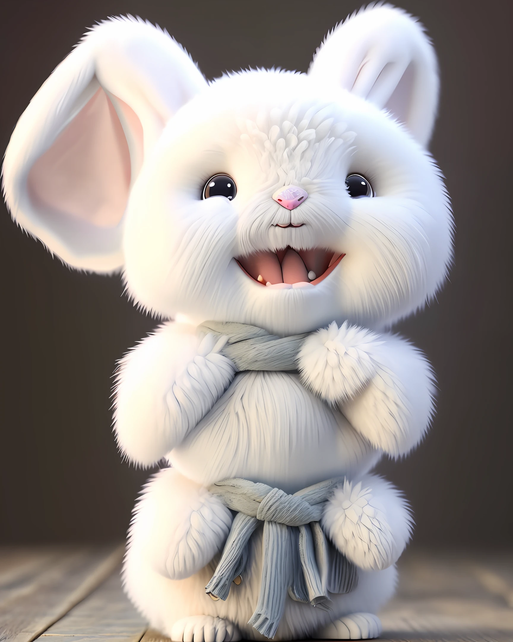 cat plush,  white fur, like an ermine, Stands on its hind legs, blue doll eyes with large eyelashes, smiling with his mouth open, speaks, moves his paws, spread to the sides, HD.4K.