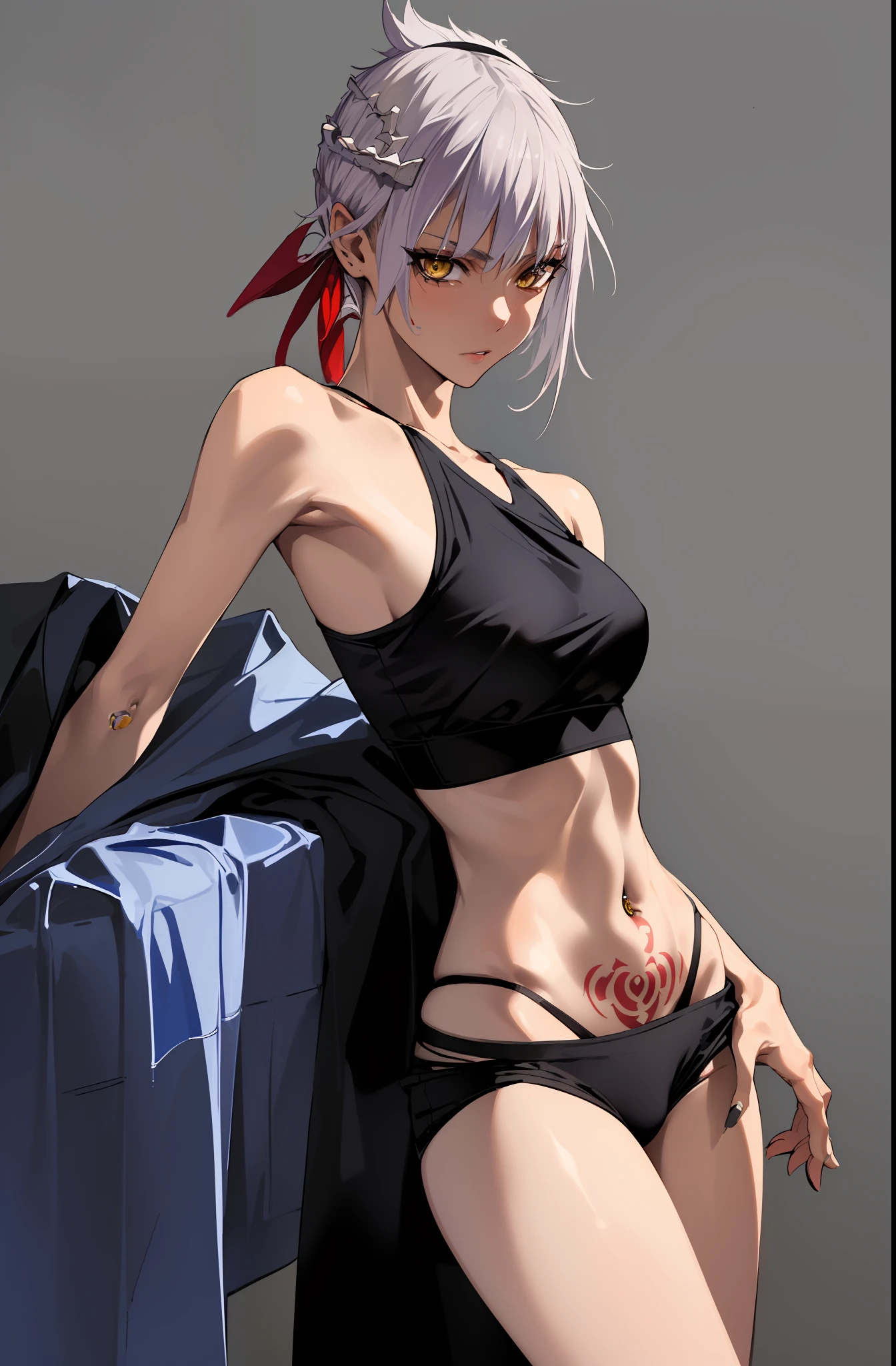 Solo, Boxer, Top quality, Masterpiece, Highly detailed CG, Highly detailed 8K wallpaper, Bird's eye view, Highly detailed character, Standing upright, Side view (very detailed and beautiful portrait), Medium bust, Beautiful lines , sports bra, chest skating, shift boxer shorts, open legs, chuck open, underwear shift, see-through bra, portrait, solo, clear focus, (((side shaved hair))), dark-skinned tomboy , butler, navel piercing, tattoo under eyes, short hair, yellow eyes, detailed close-up portrait,