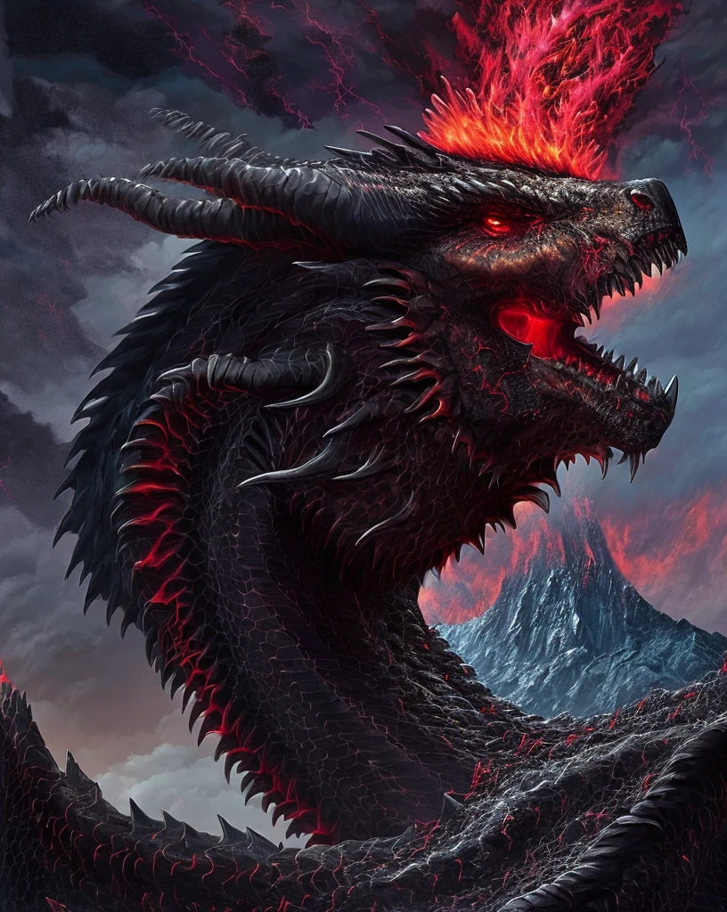 Apocalyptic portrait of an evil black dragon with glowing red eyes, detailed scales, twisted horns and a volcano erupting in the background