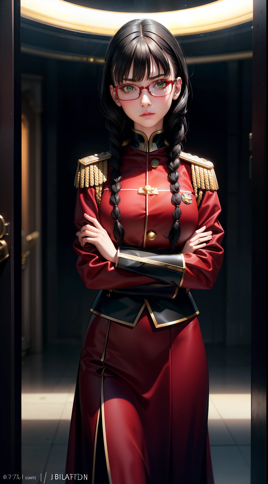 (Film Foundations), Best Quality, Masterpiece, High Detail, Semi-Realistic, Highest Face Resolution, Mature, Female, Petite, Black Hair, Double Braids, Bangs, Green Eyes. Dark, red glasses, long skirt, bureaucratic uniform, ruling class, red coat, emotionless expression, future, science fiction, space, dictator, space warship.