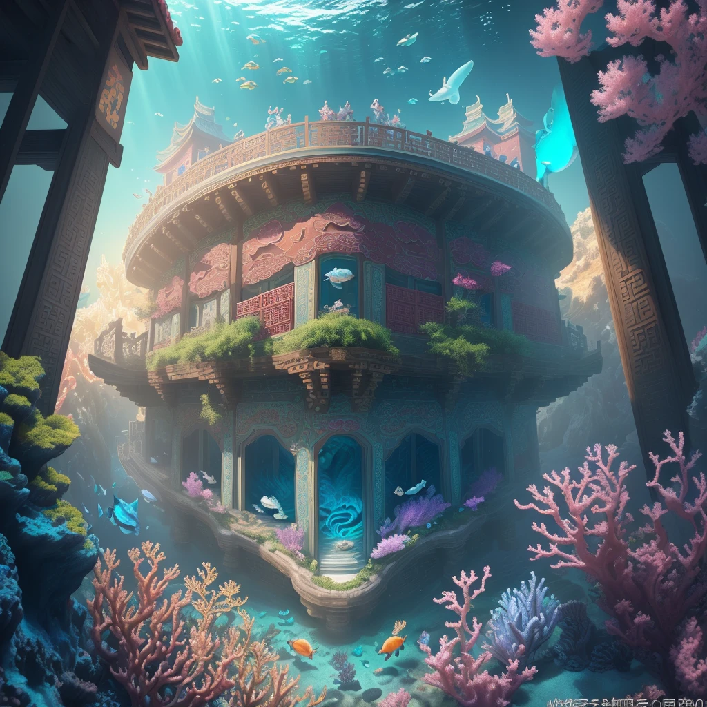 (under the sea), ancient Chinese palace, mermaids swimming around, whales, corals, sea turtles, jellyfish, a lot of colorful sea fish, masterpiece, best quality, high quality, extremely detailed CG uniform 8k wallpaper, oil painting, award winning photography, scattered Scene, Depth of Field, HDR, Glow, Chromatic Aberration, Photorealism, Very Detailed
