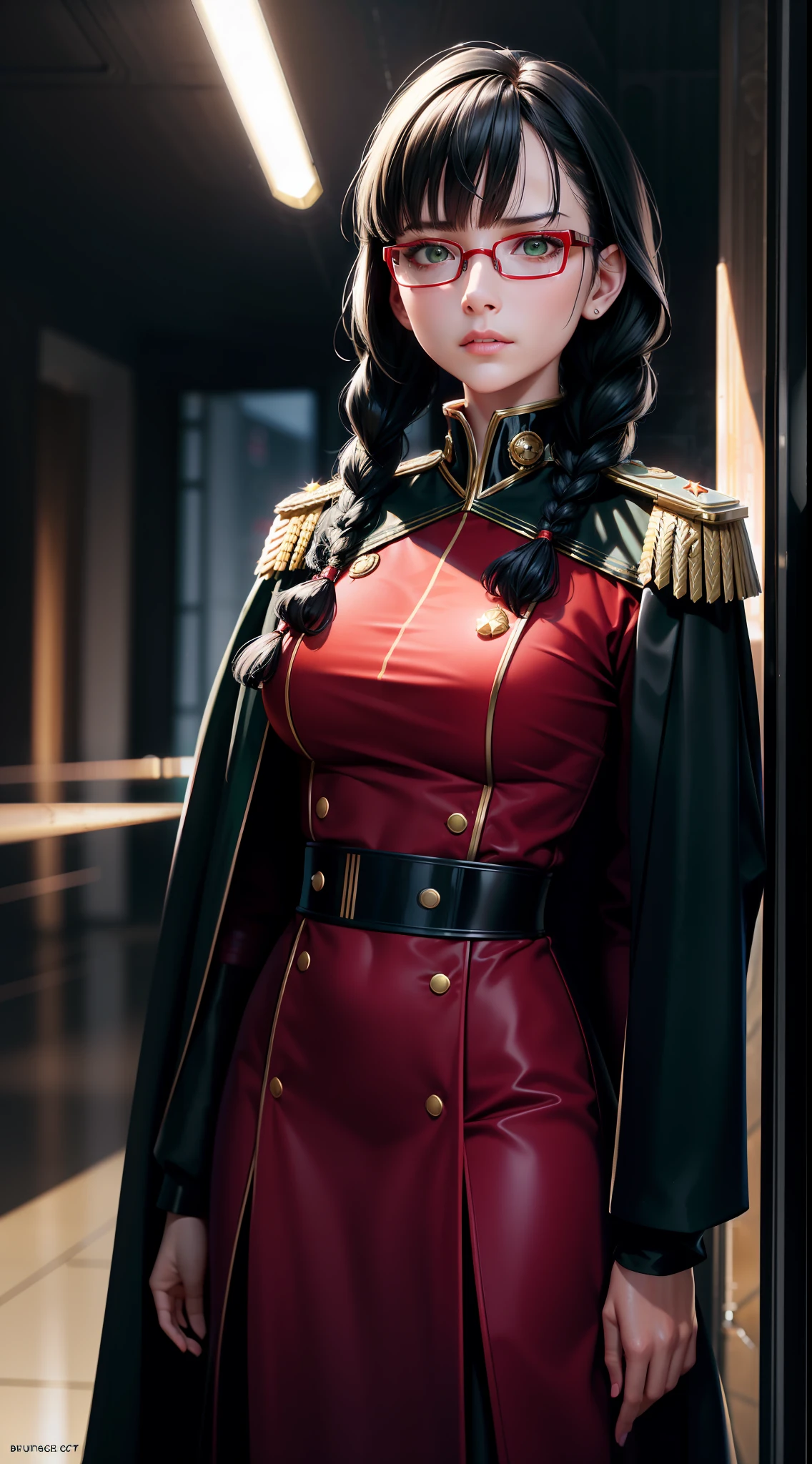 (Film Foundations), Best Quality, Masterpiece, High Detail, Semi-Realistic, Highest Face Resolution, Mature, Female, Petite, Black Hair, Double Braids, Bangs, Green Eyes. Dark, red glasses, long skirt, bureaucratic uniform, ruling class, red coat, emotionless expression, future, science fiction, space, dictator, space warship.