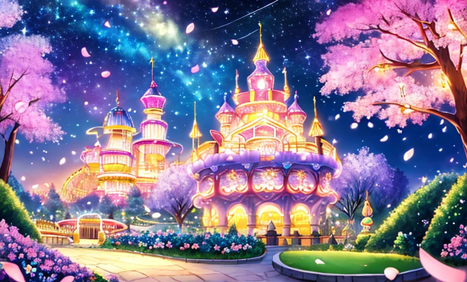 (simple color, healing scenery, fairy tale style), gorgeous and dreamy, (flying petals: 1.2), (beautiful night sky: 1.2), (starry sky garden: 1.3), (maze theme amusement park: 1.2), (61 special planning: 1.2)