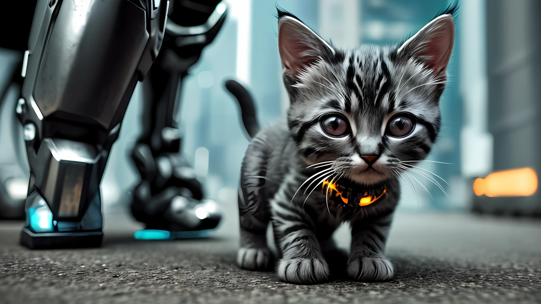 Cute kitten made of metal, cyborg, cyberpunk style, ((complex detail)), hdr, ((complex detail, ultra-detail)), cinematic shot, vignette