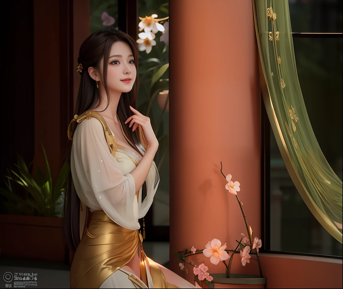 (Realistic:1.5),(raw photo:1.4), (photorealistic:1.3),(masterpiece), best quality, highest quality, extremely detailed CG unity 8k wallpaper, detailed and intricate, original,highres, [:(detailed face:1.2):0.2],film grain, Fujifilm XT3, (high detailed skin:0.9), 8k,(ulzzang-6500:0.9), balcony, show by rock!!, light smile, cleavage, detailed gradient background, full body, sunlight,slim body,beautiful dress,beautiful hand shape