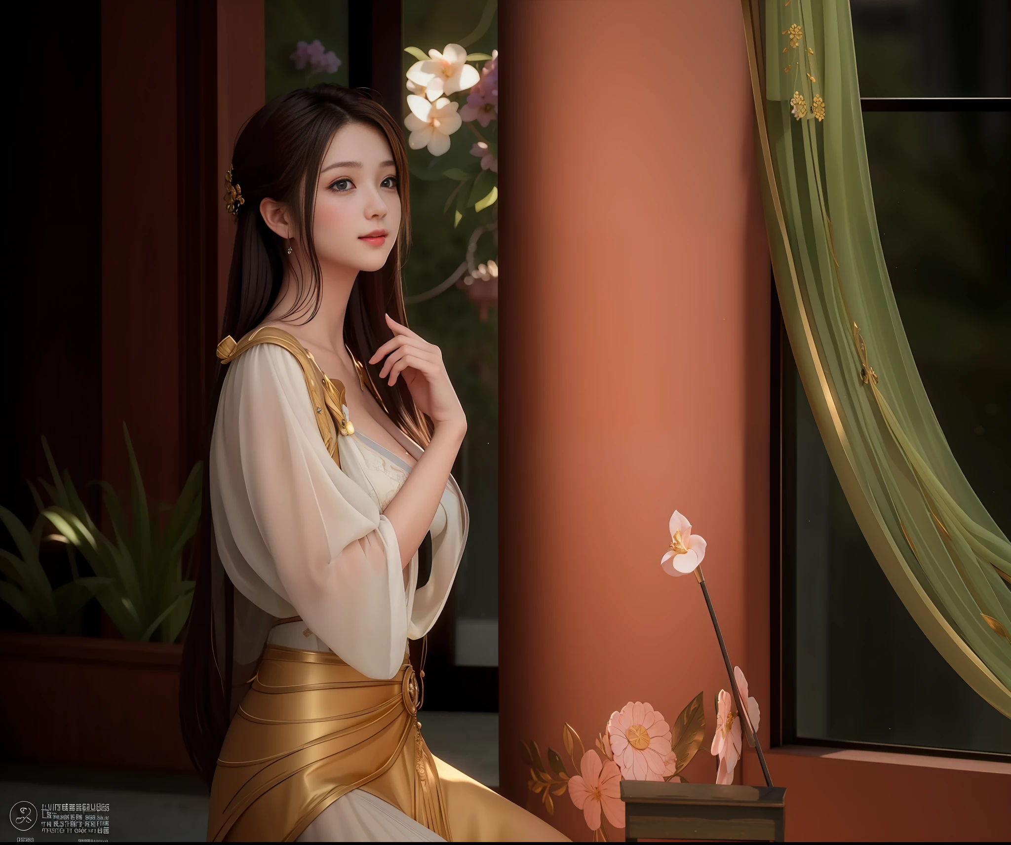 (Realistic:1.5),(raw photo:1.4), (photorealistic:1.3),(masterpiece), best quality, highest quality, extremely detailed CG unity 8k wallpaper, detailed and intricate, original,highres, [:(detailed face:1.2):0.2],film grain, Fujifilm XT3, (high detailed skin:0.9), 8k,(ulzzang-6500:0.9), balcony, show by rock!!, light smile, cleavage, detailed gradient background, full body, sunlight,slim body,beautiful dress,beautiful hand shape,hand hold hair