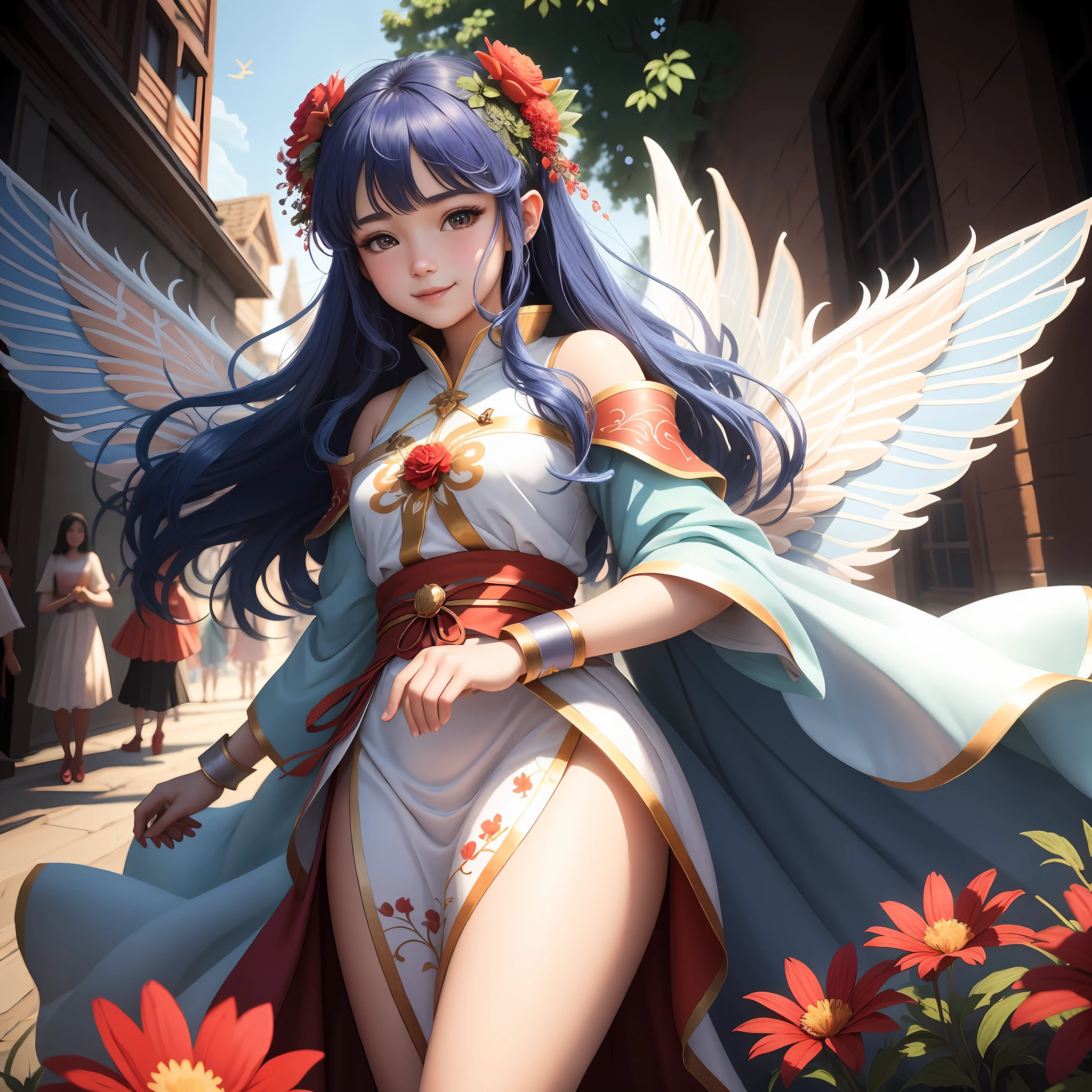 super detailed, very detailed, masterpiece, highest quality, best quality, ridiculous, high resolution, subsurface scattering, fairy world, (1girl: 1.5), (solo: 1.4), wearing Hanfu, (smile: 1.1), Blue hair, asymmetrical hair, fluffy hair, a fairy in a gorgeous dress, flowing ribbons, fluffy, behind is a phoenix with its wings open and its mouth open. Red flowers in the foreground, many people in white clothes in the distance, country style, epic surreal photo in fantasy illustration style, chaotic energy, ultra hd image, human anatomy, high resolution, changelingcore character concept illustration, many details, full body view, masterpiece , best quality, detailed background: 1.2), (complex background: 1.2), depth of field,