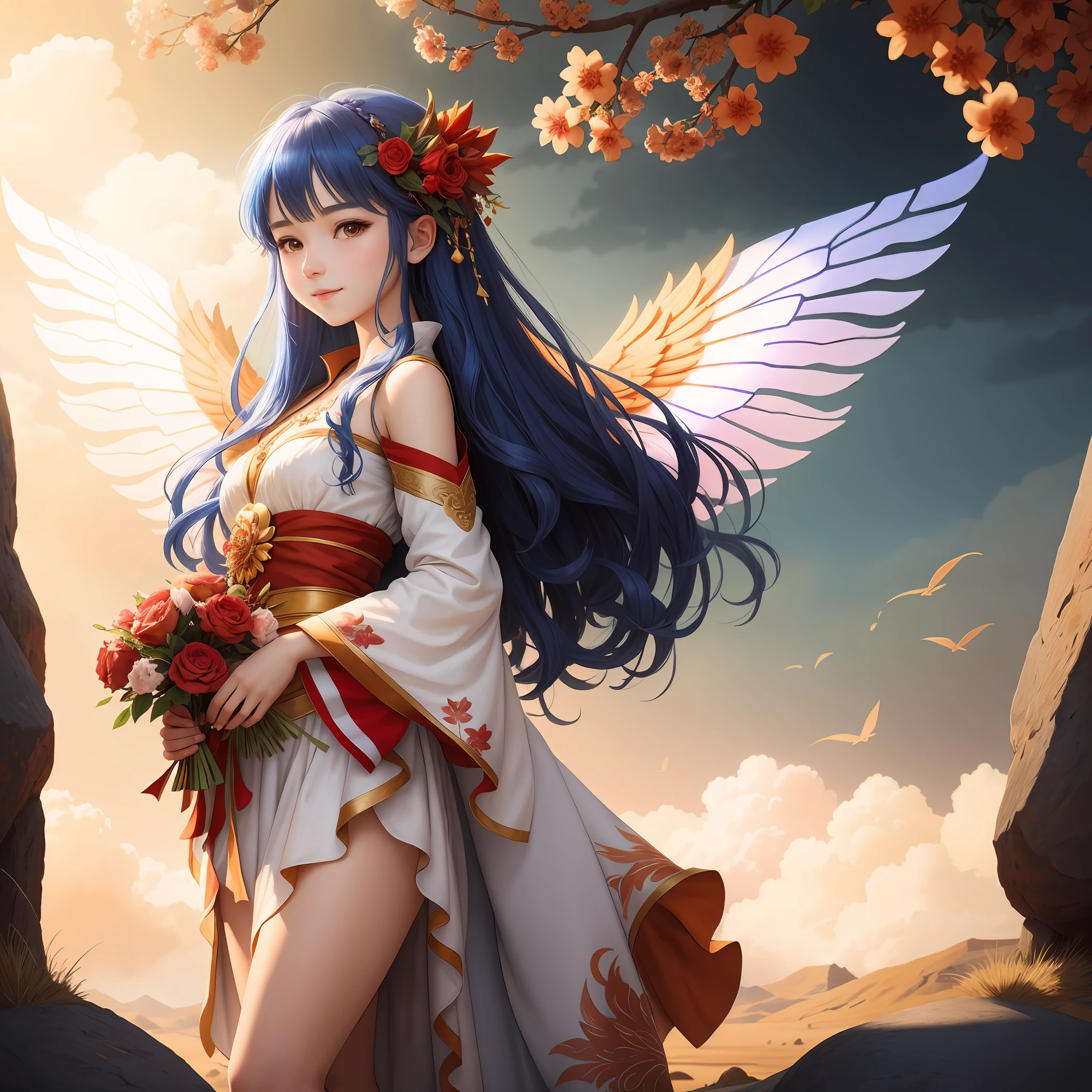 super detailed, very detailed, masterpiece, highest quality, best quality, ridiculous, high resolution, subsurface scattering, fairy world, (1girl: 1.5), (solo: 1.4), wearing Hanfu, (smile: 1.1), Blue hair, asymmetrical hair, fluffy hair, a fairy in a gorgeous dress, flowing ribbons, fluffy, behind is a phoenix with its wings open and its mouth open. Red flowers in the foreground, many people in white clothes in the distance, country style, epic surreal photo in fantasy illustration style, chaotic energy, ultra hd image, human anatomy, high resolution, changelingcore character concept illustration, many details, full body view, masterpiece , best quality, detailed background: 1.2), (complex background: 1.2), depth of field,