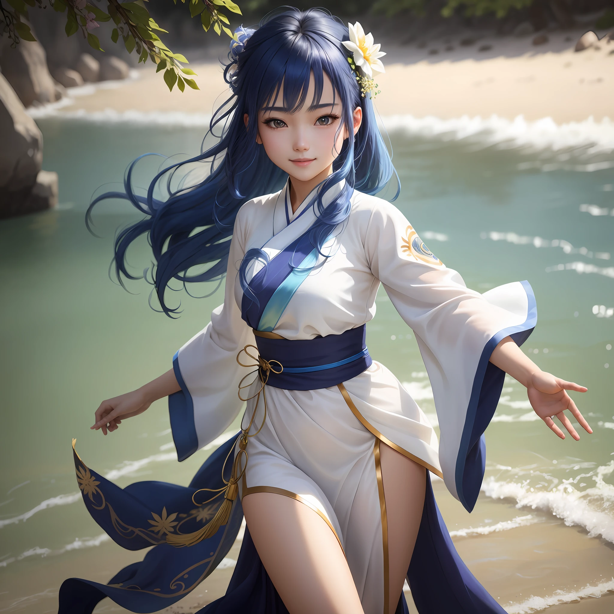 super detailed, very detailed, masterpiece, highest quality, best quality, ridiculous, high resolution, subsurface scattering, (1girl: 1.5), (solo: 1.4), wearing Hanfu, (smile: 1.1), blue hair , asymmetrical hair, shaggy hair, hair between eyes, brown eyes, eye reflections, detailed eyes, perfect eyes, rendered eyes, (looking at viewer: 1.1), dynamic poses, dynamic angles, Full body, detailed skin, skin pores, glossy skin, glossy skin, (skindentation: 1.2), hair flow, idol, gorgeous clothes, complex clothes, (water: 0.8), (detailed background: 1.2), (complex background : 1.2), depth of field,
