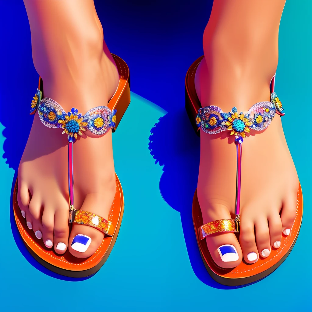 Model photography, close-up of a pair of blue sandals, women's bare feet in the sandals, high texture, simple background, colorful backlight, studio professional light