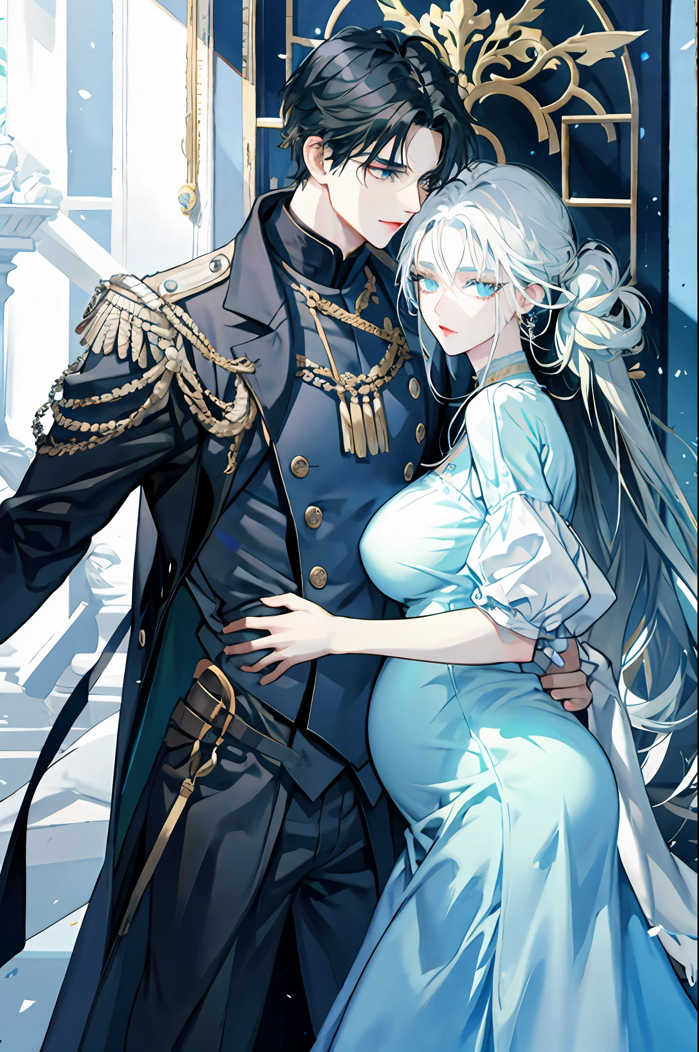 Black-haired man, green-eyed man, hugging pregnant white-haired woman, light blue-eyed woman, royalty, detailed face, high quality