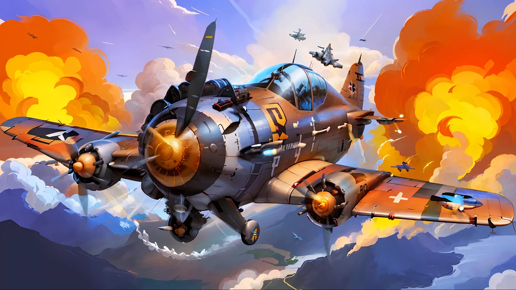 There is a cartoon plane flying through the sky, background air combat, bomber, war thunder game, stylized digital illustration, game asset for warrior, game illustration, background artwork, fast plane, stylized game art, official artwork, detailed game art illustration, render art, air combat, render illustration, strafing attack aircraft, ww2 era, strong chiaroscuro, blue sky, white clouds