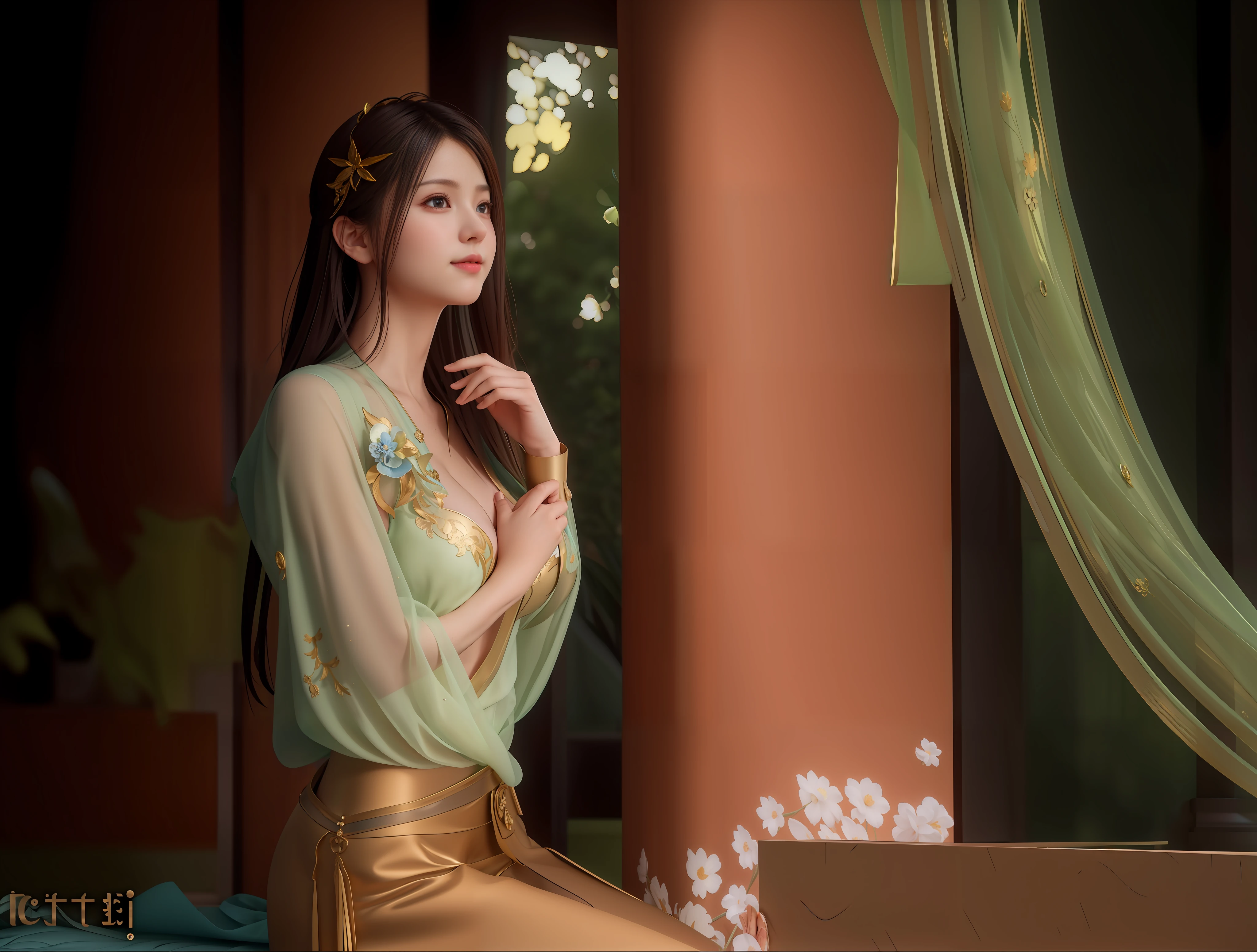 (Realistic:1.5),(raw photo:1.4), (photorealistic:1.3),(masterpiece), best quality, highest quality, extremely detailed CG unity 8k wallpaper, detailed and intricate, original,highres, [:(detailed face:1.2):0.2],film grain, Fujifilm XT3, (high detailed skin:0.9), 8k,(ulzzang-6500:0.9), balcony, show by rock!!, light smile, cleavage, detailed gradient background, full body, sunlight,slim body,beautiful dress,hand hold hair