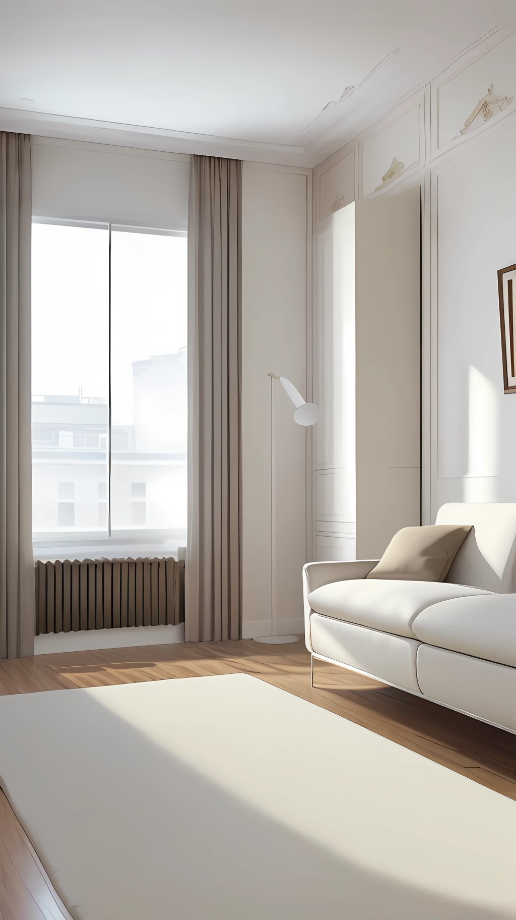 Living room with a small white cabinet, rug, sofa, oversized image, ambient occlusion rendering inspired by Thomas Häfner, shutterstock, art deco, photorealistic, hyperreal, cream colored room, hyperreal, very realistic, hyperrealistic, hyperreal Realistic rendering, bottom angle, detailed side view