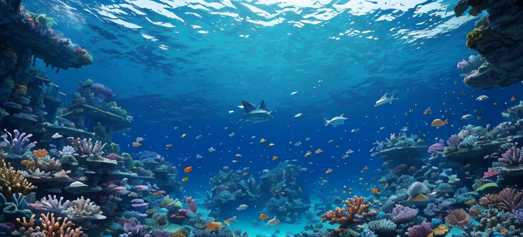 (Undersea), Atlantis background, ancient dilapidated castle palace, underwater temple, Neptune statue, underwater guardian, coral, dolphin, sea snake, sea turtle, manta ray, electric ray, butterfly fish, coral fish, horseshoe crab, Shrimp crab, nudibranch, starfish, jellyfish, sea anemone, benthic algae, vista, panorama, high quality, extremely detailed CG unity 8k wallpaper, award winning photography, HDR, flare, chromatic aberration, photorealistic, very detailed, on artstation trendy, intricate, high detail