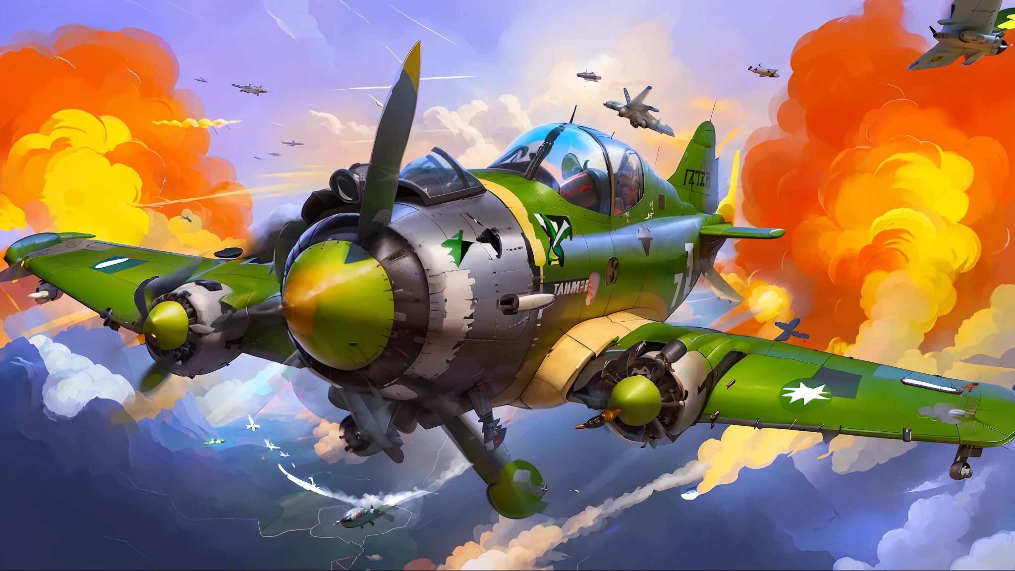 There is a cartoon plane flying through the sky, background air combat, bomber, war thunder game, game asset for warrior, game illustration, background artwork, fast plane, stylized game art, official artwork, detailed game art illustration, render art, air combat, rendered illustration, strafing attack aircraft, world war ii era, strong chiaroscuro, blue sky, white clouds, green aircraft, simple background