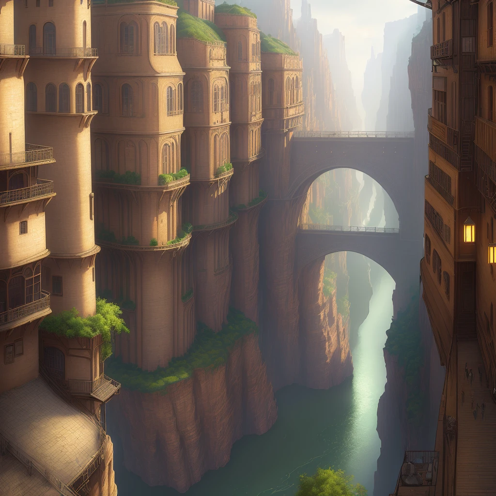 ((masterpiece)),((best quality)),((high detial)),((realistic,))
Industrial age city, deep canyons in the middle, architectural streets, bazaars, Bridges, rainy days, steampunk, European architecture