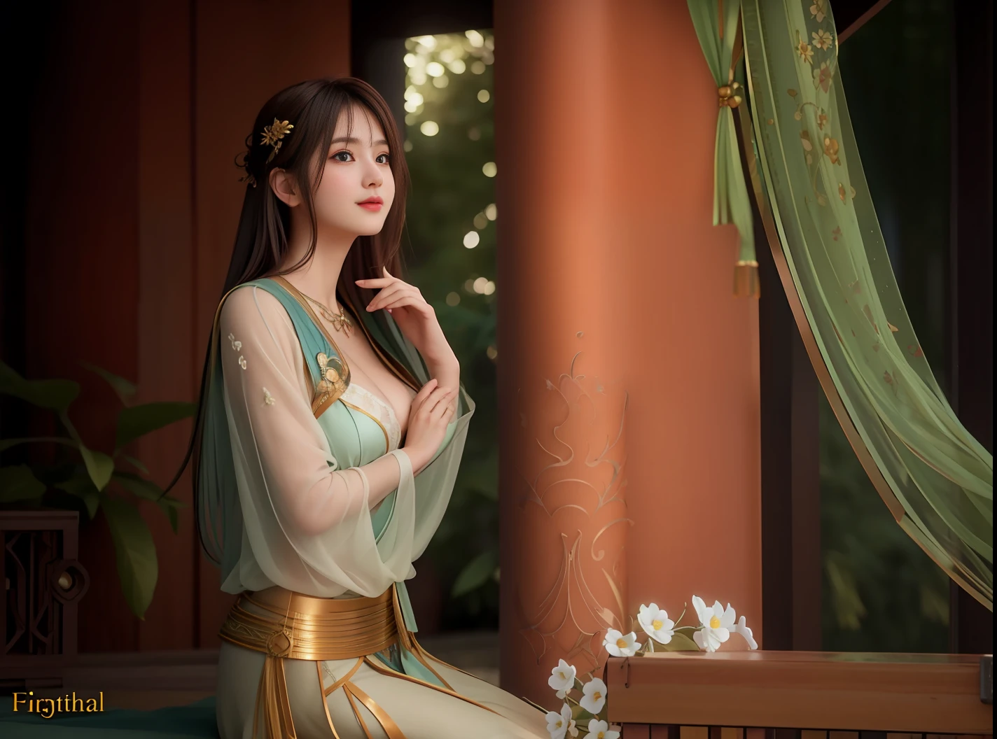 (Realistic:1.5),(raw photo:1.4), (photorealistic:1.3),(masterpiece), best quality, highest quality, extremely detailed CG unity 8k wallpaper, detailed and intricate, original,highres, [:(detailed face:1.2):0.2],film grain, Fujifilm XT3, (high detailed skin:0.9), 8k,(ulzzang-6500:0.9), balcony, show by rock!!, light smile, cleavage, detailed gradient background, full body, sunlight,slim body,beautiful dress,hand hold hair,beautiful cloth