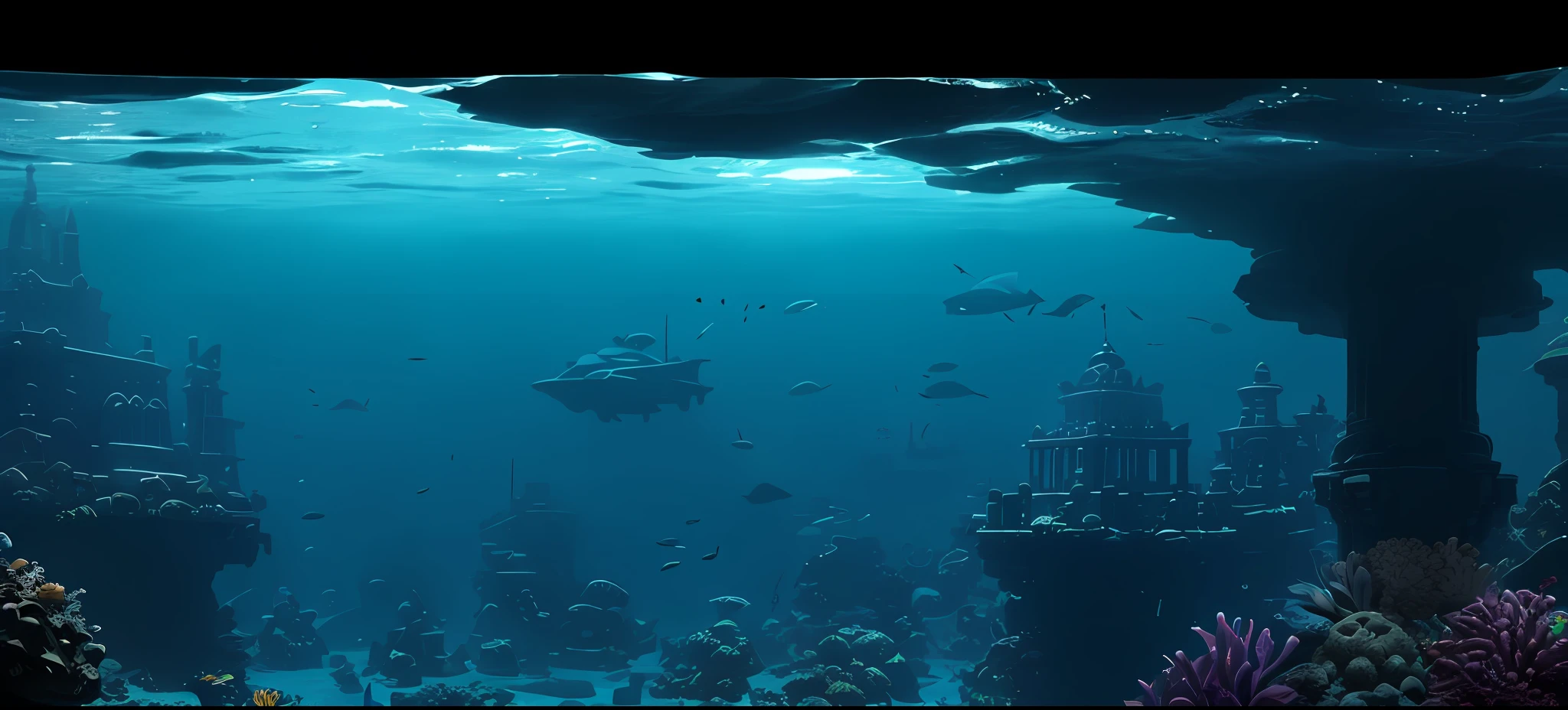 (Undersea), Atlantis Background, Undersea Temple, Sunken Rusty Warship, Medusa, Panorama, High Quality, Award Winning Photography, Glow, Chromatic Aberration, Realistic, Intricate, High Detail