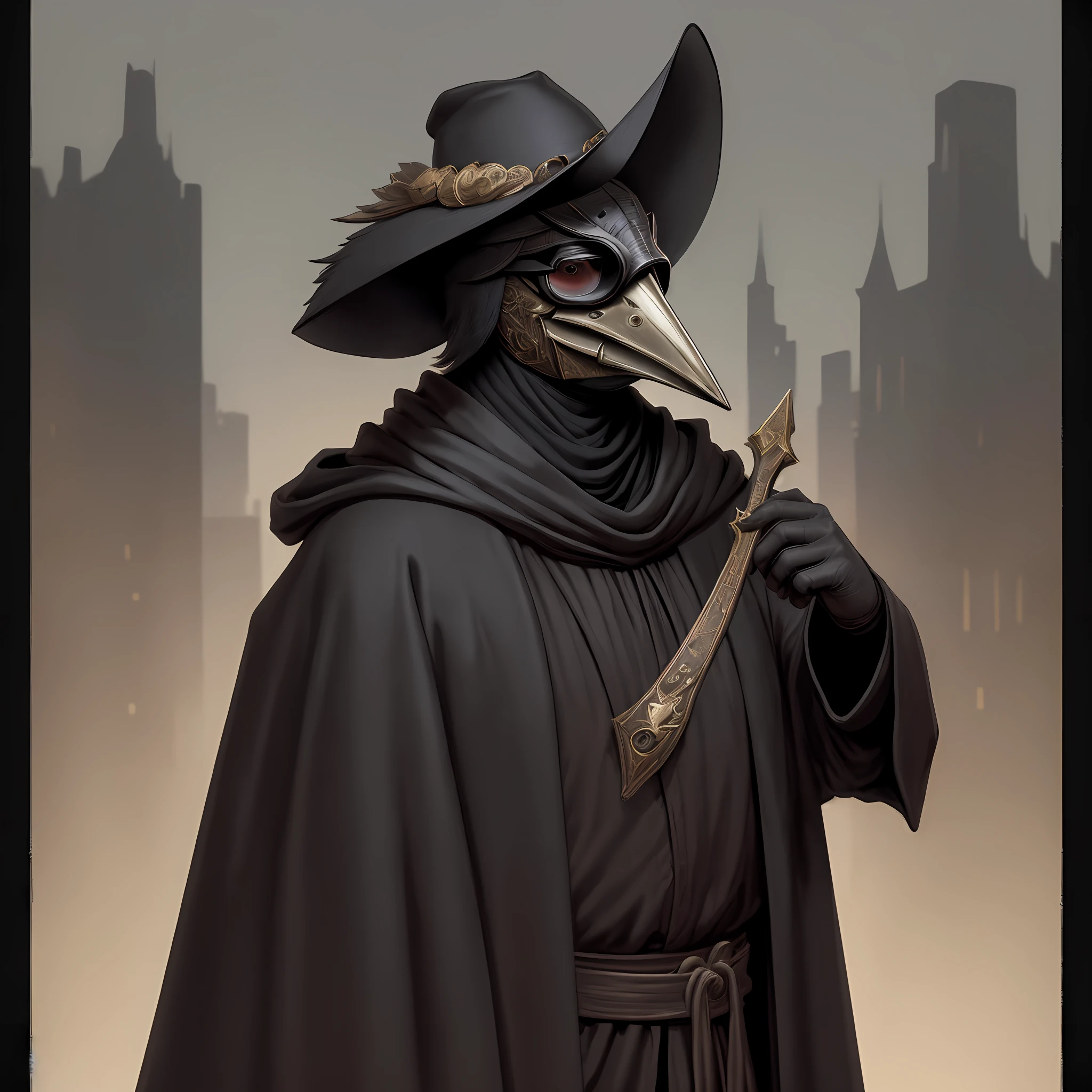 (masterpiece, best illustration,) medieval, beak mask, black robe, city background, doctor, masked, alone, clear, fine motor, wearing a hat with a brim, wearing glasses, can&#39;t see glasses,