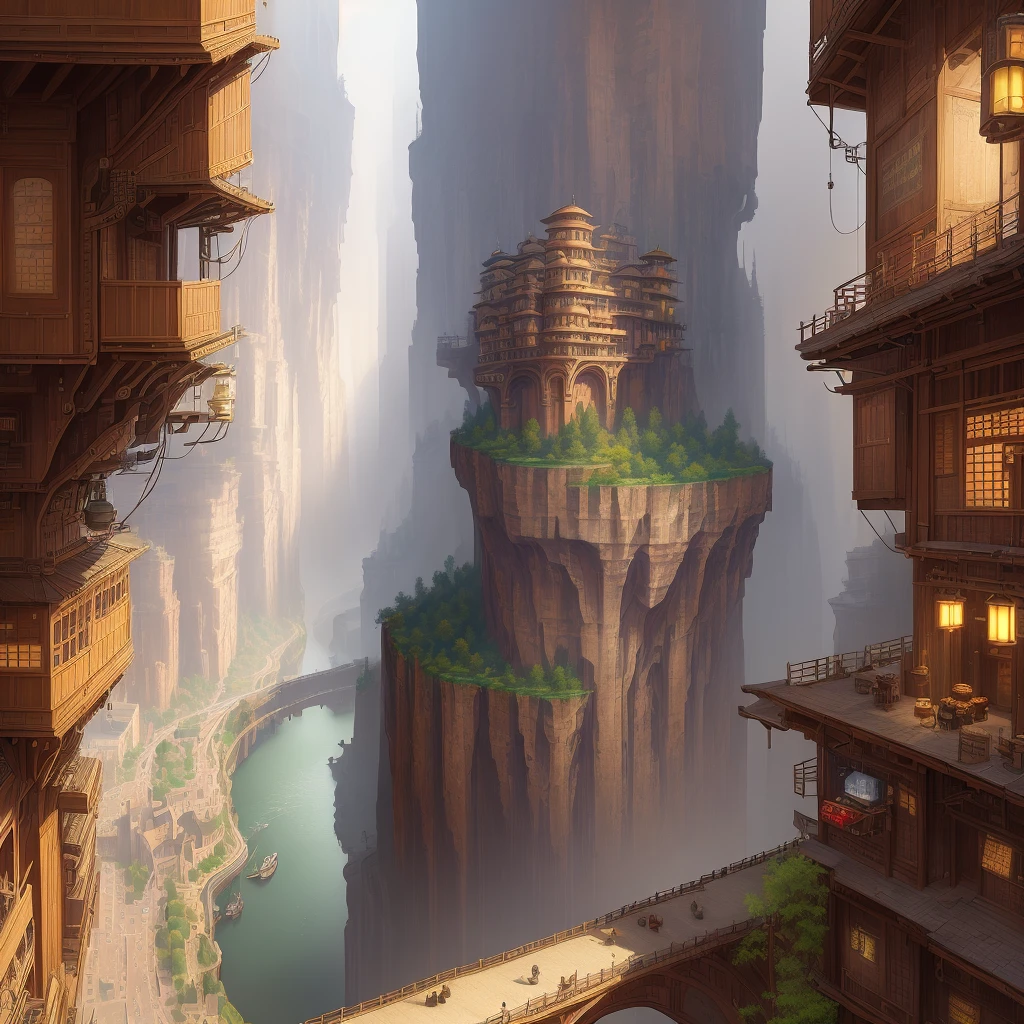 ((masterpiece)),((best quality)),((high detail)),((realistic,)) Industrial age city, deep canyons in the middle, architectural streets, bazaars, bridges, rainy days, steampunk, European architecture, city, medieval and Chinese houses, Japanese houses