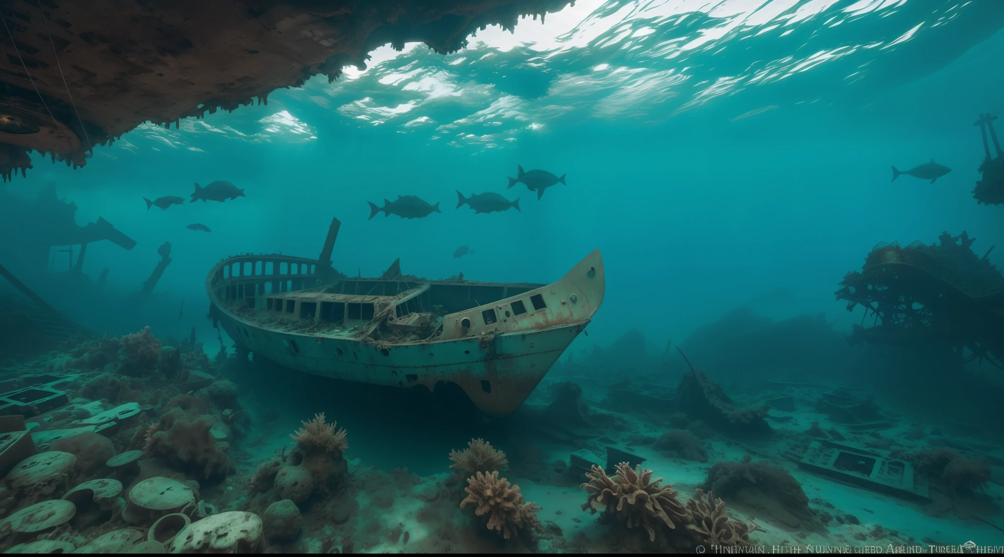 The Bermuda Underwater Graveyard is a haunting and eerie place filled with the remains of ancient and modern sunken aircraft and ships: 2. Deep sea creatures that inhabit the area: 2, adding to the ominous atmosphere, they lurk in the shadows, in and out of the twisted metal wreckage. The colors of the cemetery are muted and somber, with rusted metal and rotting wood creating a sense of decay and abandonment. Although the surface of the water is calm, there is a sense of uneasiness and danger, as if the souls of those lost at sea still linger in the dark depths. The Necropolis is a place of mystery and intrigue, with hidden secrets waiting to be discovered by those who bravely explore its depths, the dark and murky rocky boulders of the seabed, kelp, --v 6