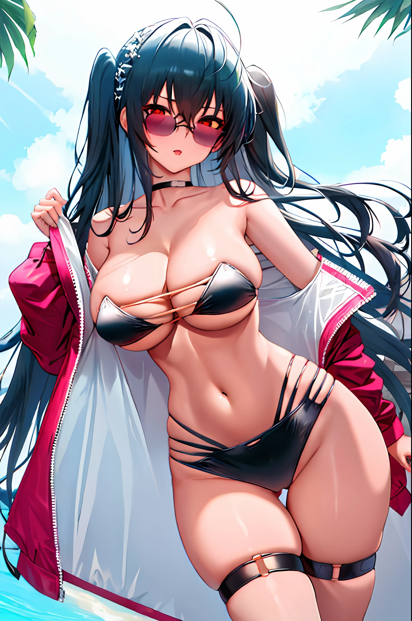 1girl, bangs, strapless, bikini, bikini bottoms only, black bikini, black choker, black hair, black stockings, blush, boobs, choker, cleavage, clavicle, cross bangs, wearing glasses, between eyes hair, highleg, highleg bikini, jacket, big breasts, long hair, long sleeves, looking at viewer, multi-strap bikini, navel, strapless, official alternate outfit, back, open dress, open jacket, race queen, red eyes, red Jacket, belly, sunglasses, swimsuit, queen\(azur lane\), queen\(enraptured companion\) \(azur lane\), thigh straps, stockings, thighs, super long hair, masterpiece, best,