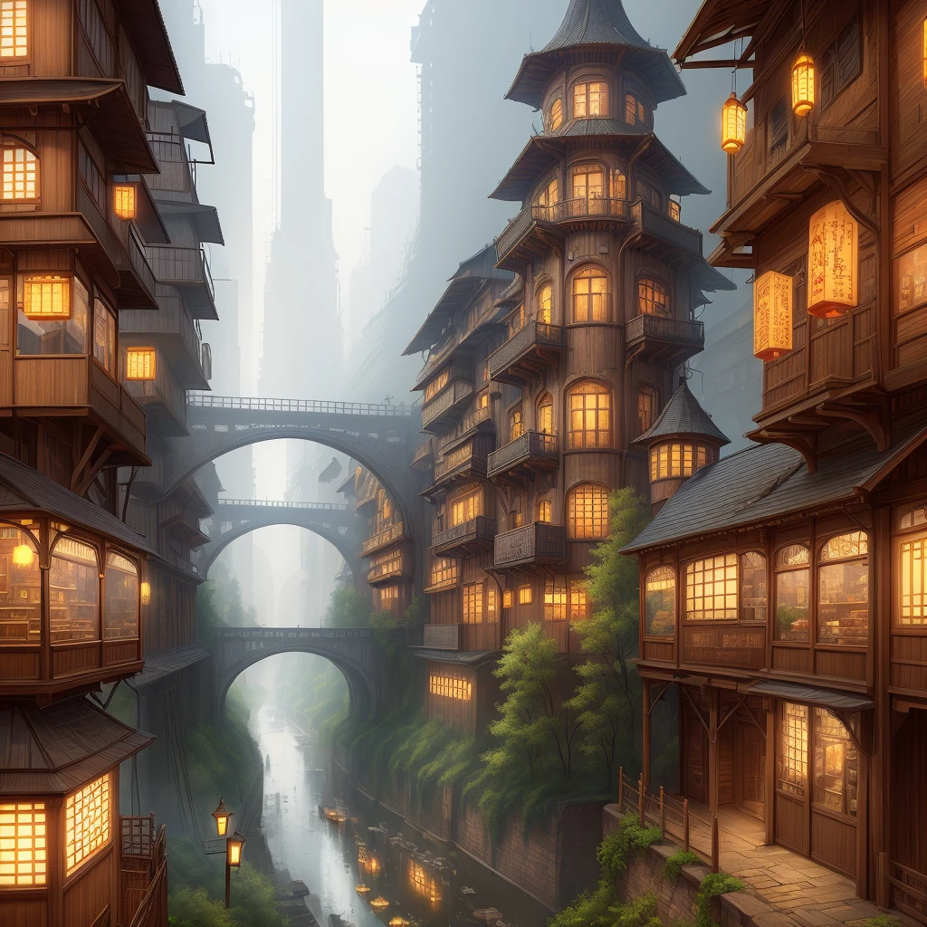 ((masterpiece)),((best quality)),((realistic,)) Industrial age city, deep gorges in the middle, architectural streets, bazaars, bridges, rainy days, steampunk, European architecture, city, medieval houses and Chinese, Japanese houses
