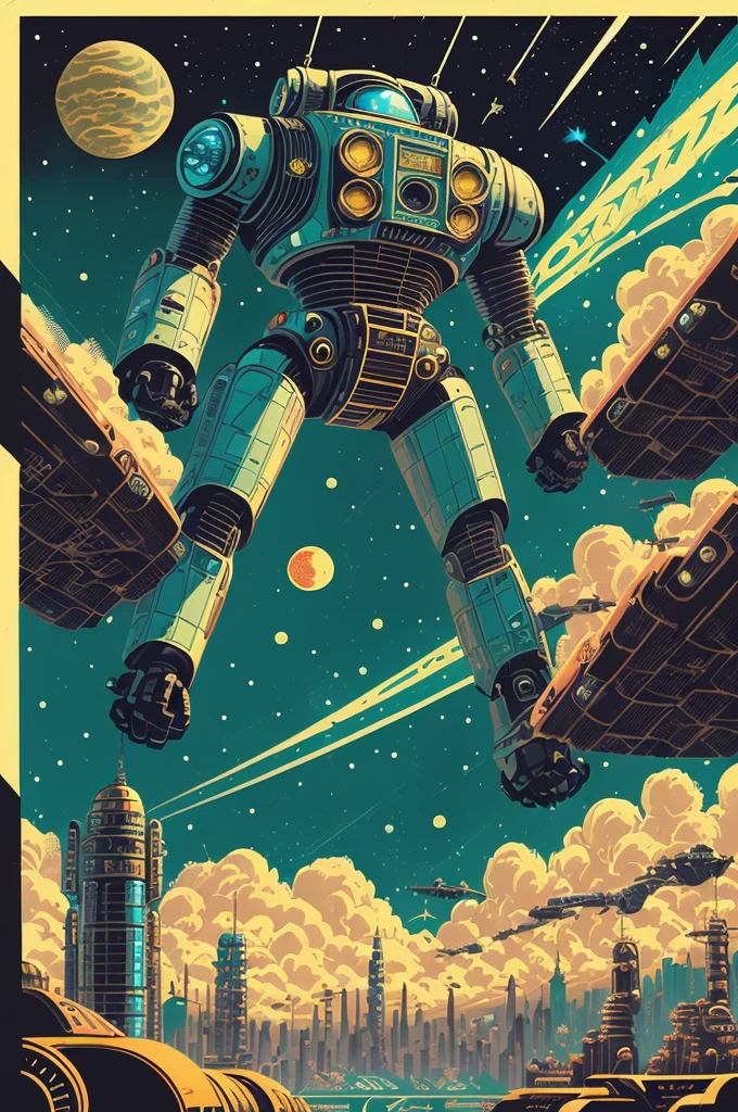 analog style, (mtompunk:1.4), masterpiece, best quality, 8k, pixiv, artstation, sharp focus, classic pulp art illustration of big retro humanoid robot attacking atompunk city, night, space, stars, planet, mars, spaceship, alien, beautiful atompunk cityscape, (classic \(comic\) style:1.4), (flat color:1.4), vintage effect