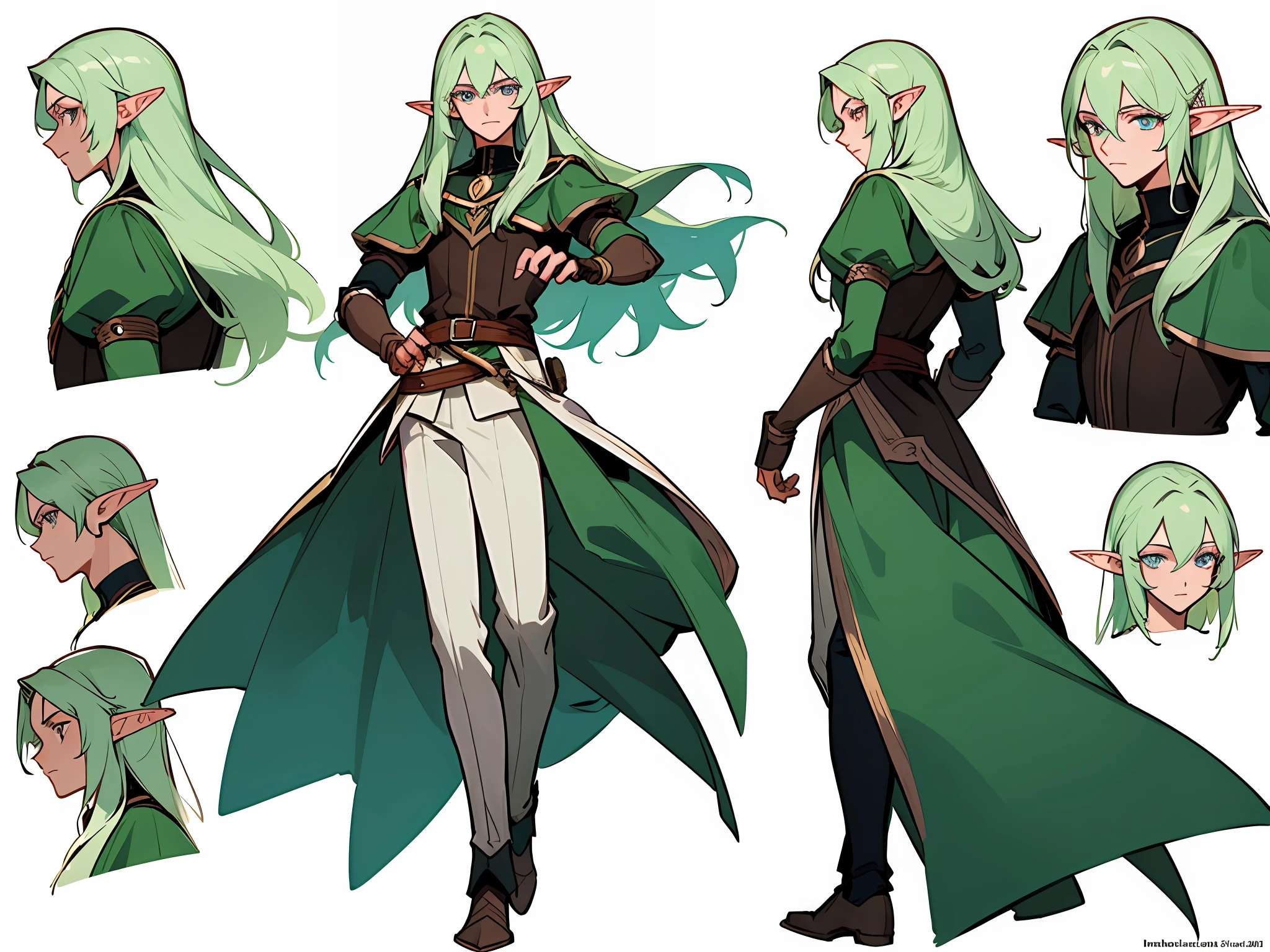 ((masterpiece)),(((best quality))),((character design sheet,same character,front,side,back)),illustration,1 boy,long hair,hair on eyes, handsome prince, beautiful eyes,environment Scene change, pose too, male elf, elf ears, charturnbetalora, (simple background, white background: 1.3)