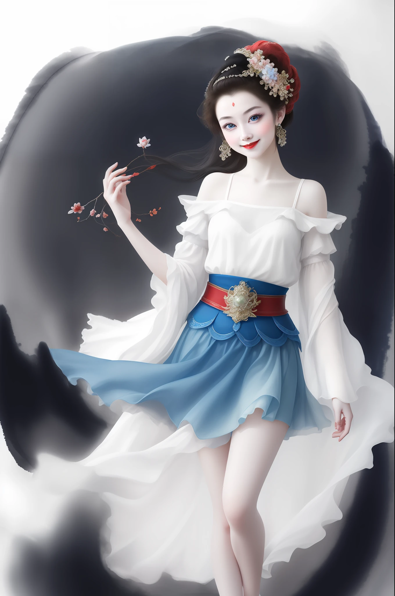 Beautiful young girl in fairy image, standing in front, smiling, wearing colorful denim skirt, blue belt, white headband, dark eye shadow and red lips, elegant and charming. The effect of ink painting and low light make the whole picture exude a sense of mystery and poetry, as if a fairy came out of a calm pond.