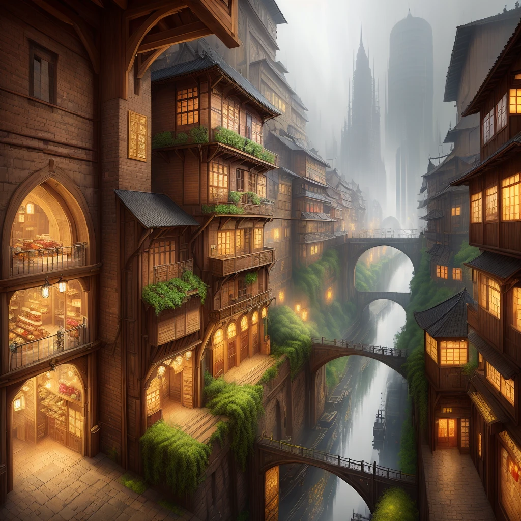 ((masterpiece)),((best quality)),((realistic,)) Industrial age city, deep gorges in the middle, architectural streets, bazaars, bridges, rainy days, steampunk, European architecture, city, medieval houses and Chinese, Japanese houses, European castles, Aztec floors, Inca stones, rain