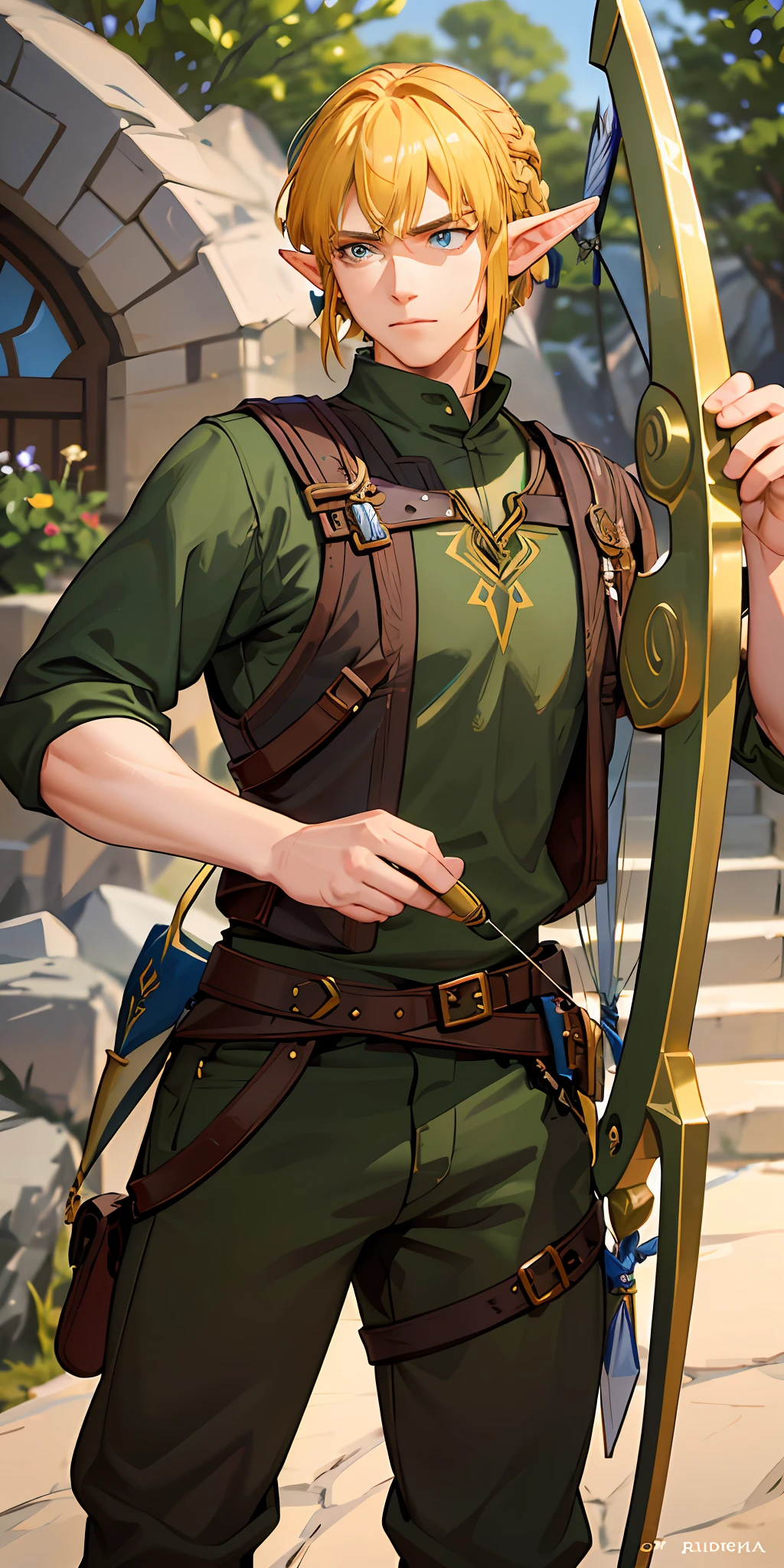 A masterfully crafted and intricate fantasy portrait of a rugged and determined middle-aged male elf ranger, dressed in earth tones, with vibrant yellow hair, brandishing a bow and arrow with precision, holding a short sword, Steady eyes on his target, Zelda Link
