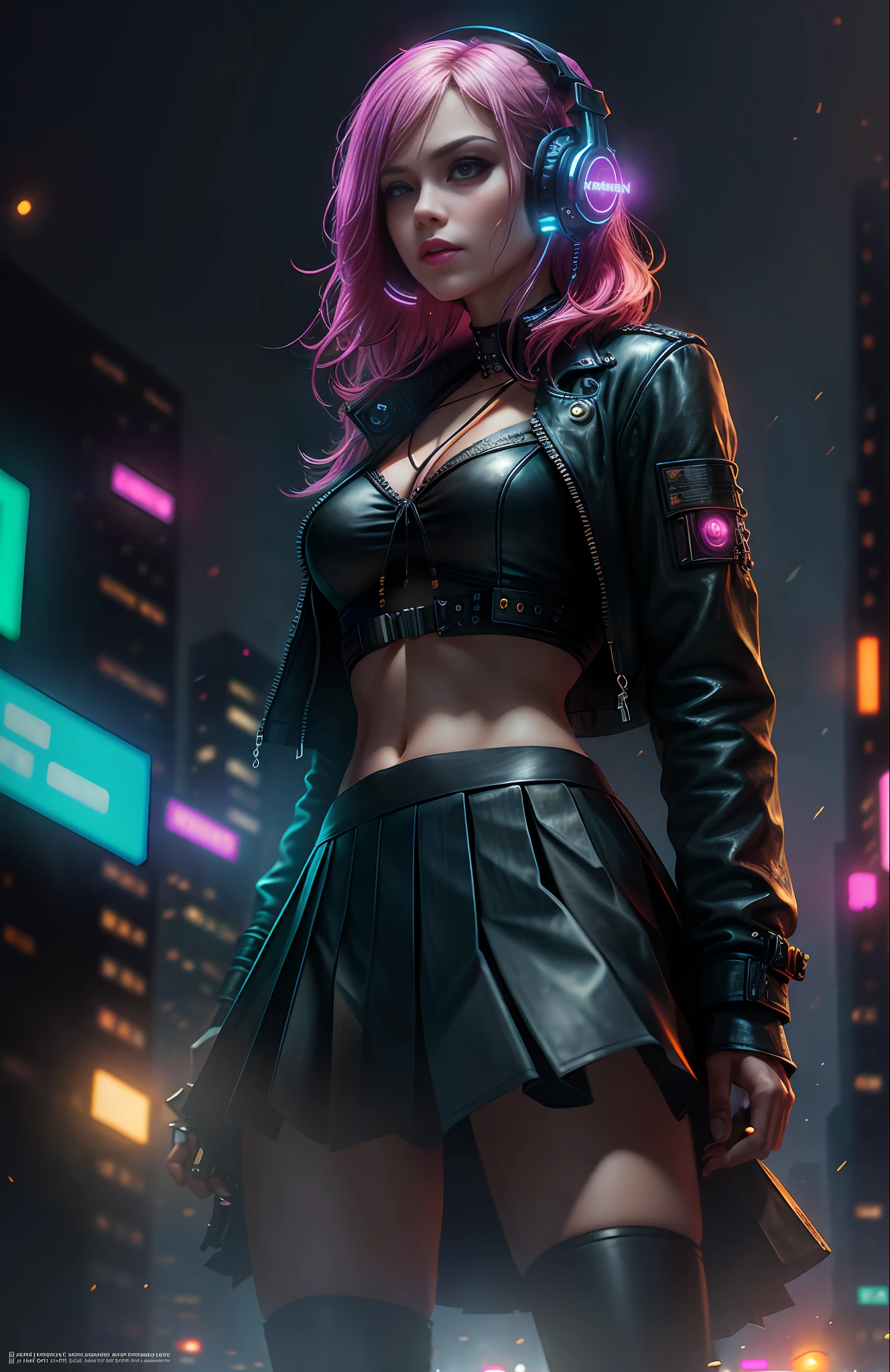 Best Quality, Realistic, Realistic, Award-Winning Illustration, (Complicated Detail: 1.2), (Fine Detail), (Complicated Detail), (Cinematic Lights, Best Quality Backlight), Crisp Lines, Crisp focus, official art, unity 8k wallpaper, absurd, unbelievably absurd, huge file size, ultra- (in_main_street:1.21), (neon lamp), fantasy art, rtx,((triangle closeup photo by award winning studio )), 1girl, very pretty, (shut up), small boobs, ((Cyberpunk city Street, Battle Maiden, Katana, robot arm)), beautiful detailed eyes, Perfect Face, (Cyberpunk blouse, leather jacket, Martin boots) ,(headphones_around_neck),(headphones_around_hair),((pleated skirt) ), ((supermodel pose)),