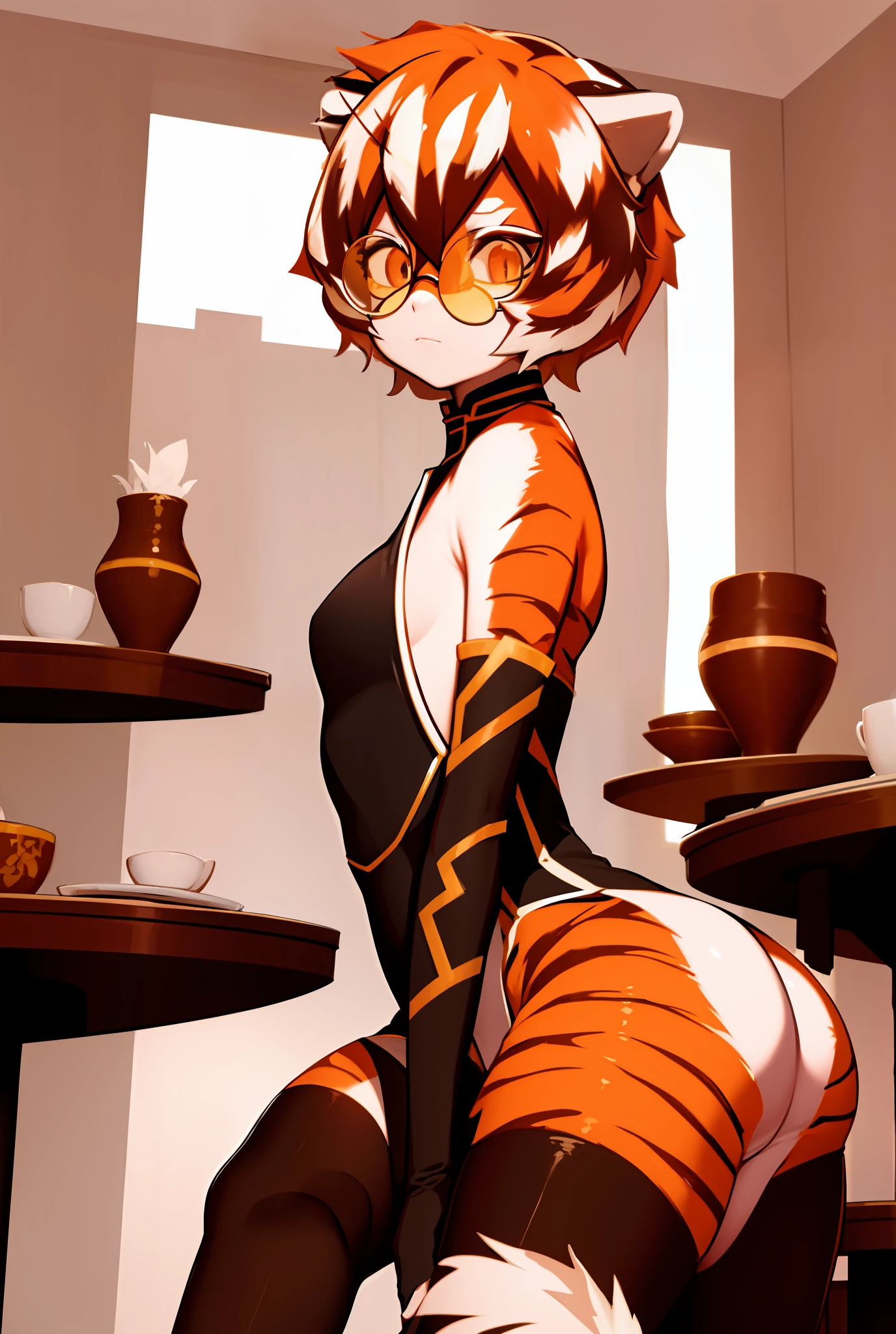 masterpiece, best quality, solo, (detailed eyes:0.9), (detailed lighting, depth of field:0.9),
round glasses, china dress, thigh
arms behind back,
cafeteria,
sideways,
day,
:|,