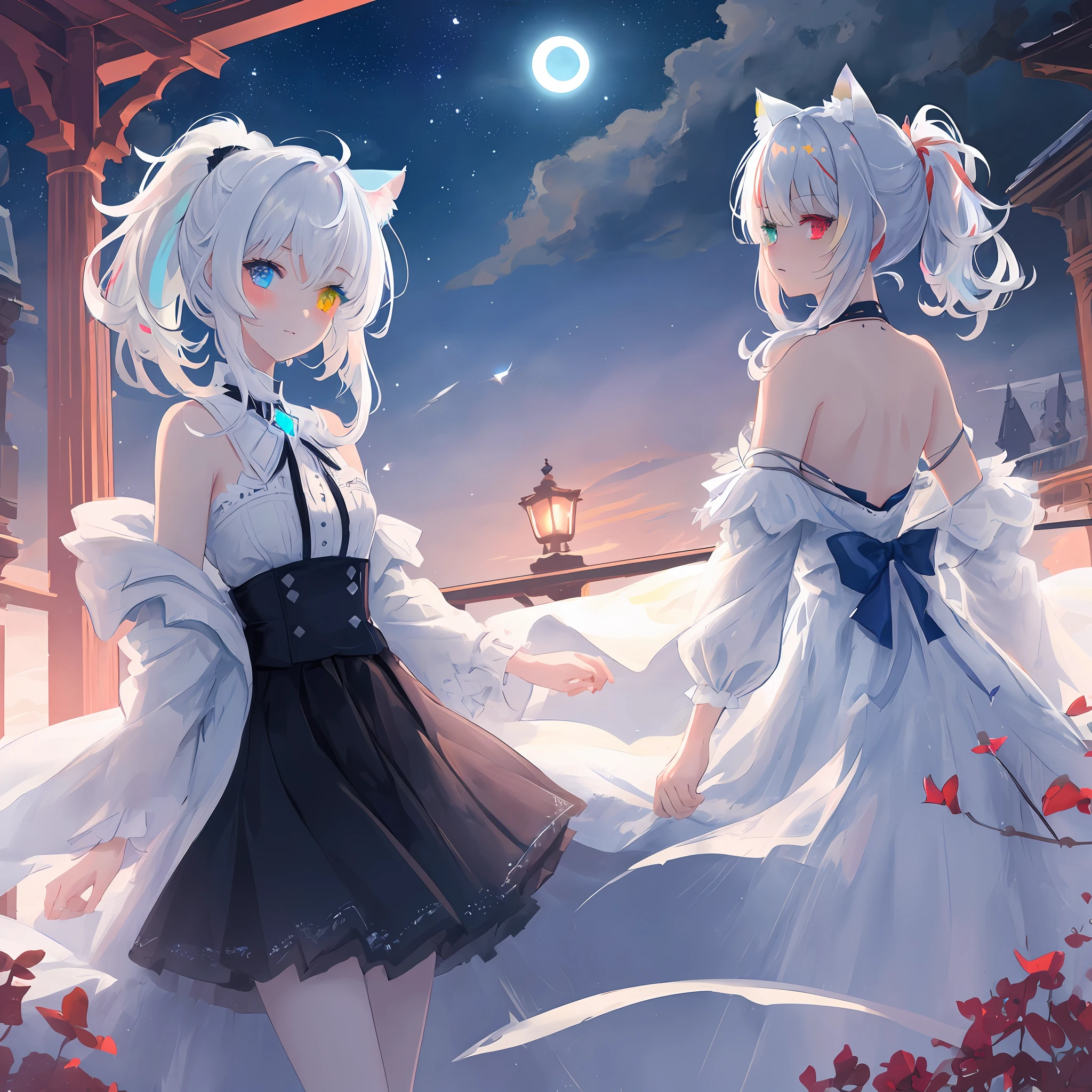 masterpiece, best quality, extremely detailed CG unity 8k wallpaper,kirigami,vibrant nebula sky, masterpiece, (best quality:1.2), (ultra-detailed:1.2), illustration, (an extremely delicate and beautiful:1.2),cinematic angle,(beautiful detailed eyes:1.1), (detailed light:1.1),cinematic lighting, beautifully detailed sky, white short hair, (blue and red eyes), (high ponytail:1.1), glowing eyes, (moon:1.2), (moonlight:1.1), starry sky, (lighting particle:1.1), fog, snow painting, sketch, bloom, (cat ears), (((heterochromia))), xenoblade, adult woman, short hair, 1girl
