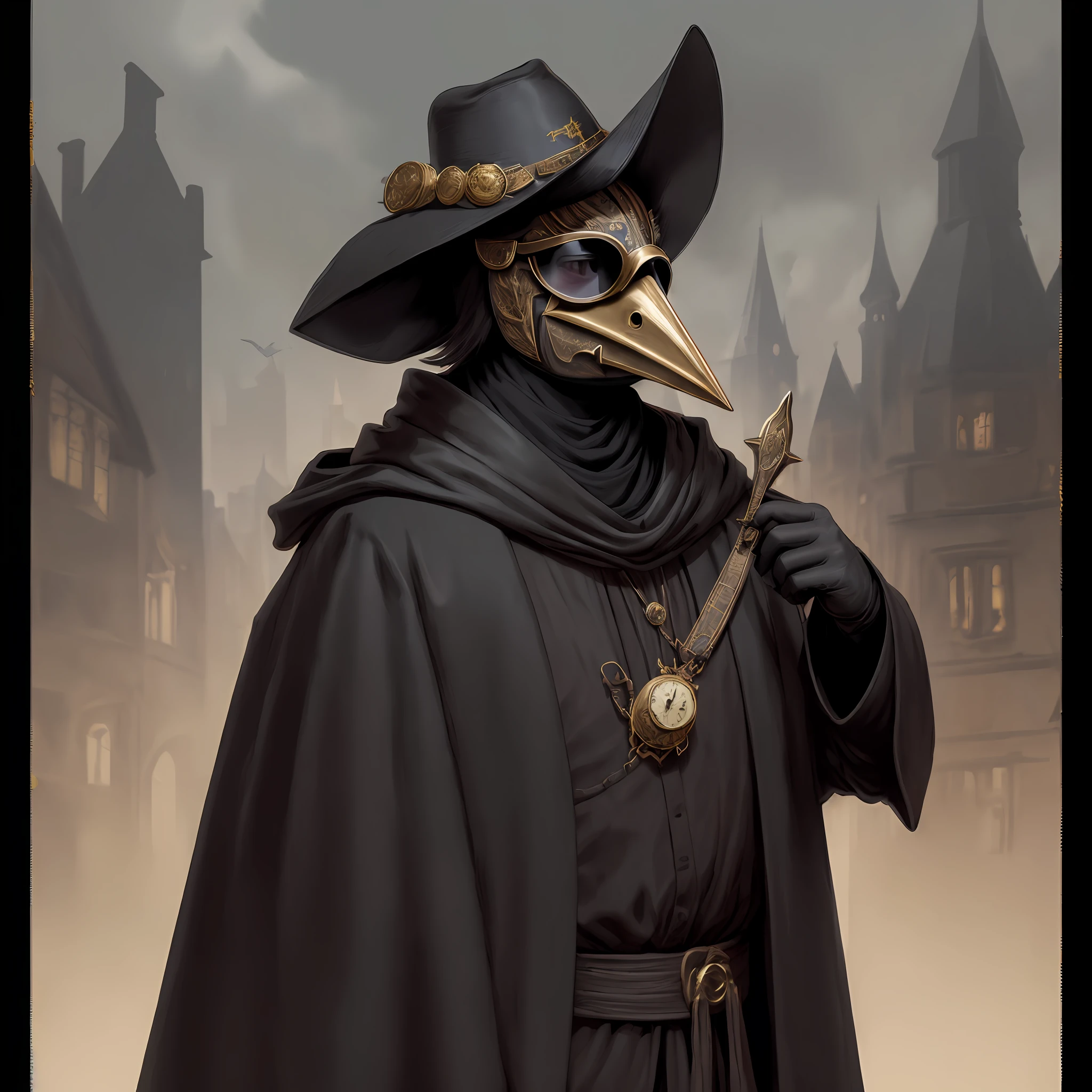 (masterpiece, best illustration,) medieval, beak mask, black robe, city background, doctor, masked, alone, clear, fine motor, wearing a hat with a brim, wearing glasses, can't see glasses, holding gold pocket watch