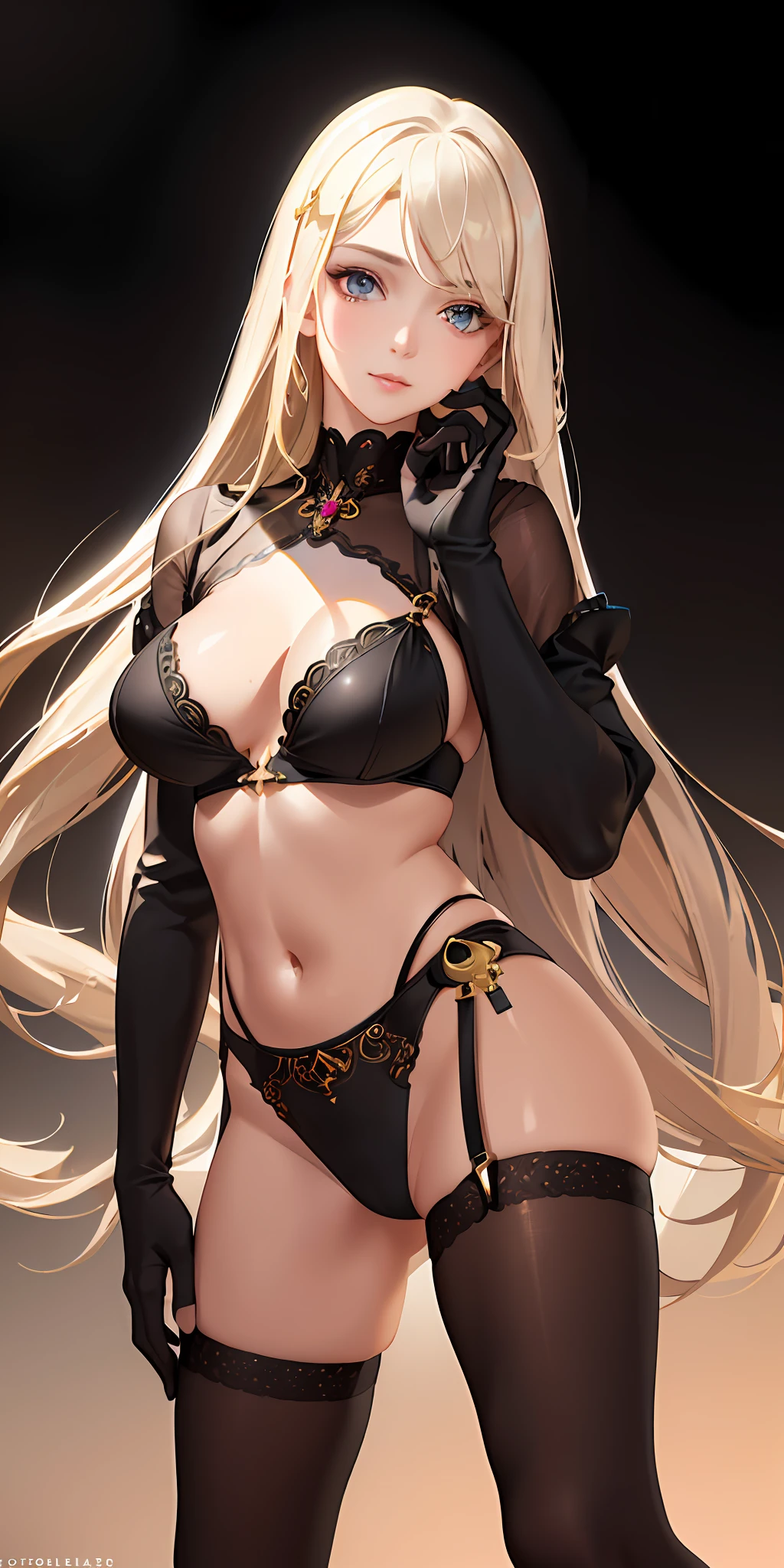 (photorealistic:1.4), (masterpiece, sidelighting, finely detailed beautiful eyes: 1.2), masterpiece*portrait, realistic, 3d face, glowing eyes, shiny hair, lustrous skin, solo, embarassed, (midriff), black bikini, blonde hair, thigh high stockings