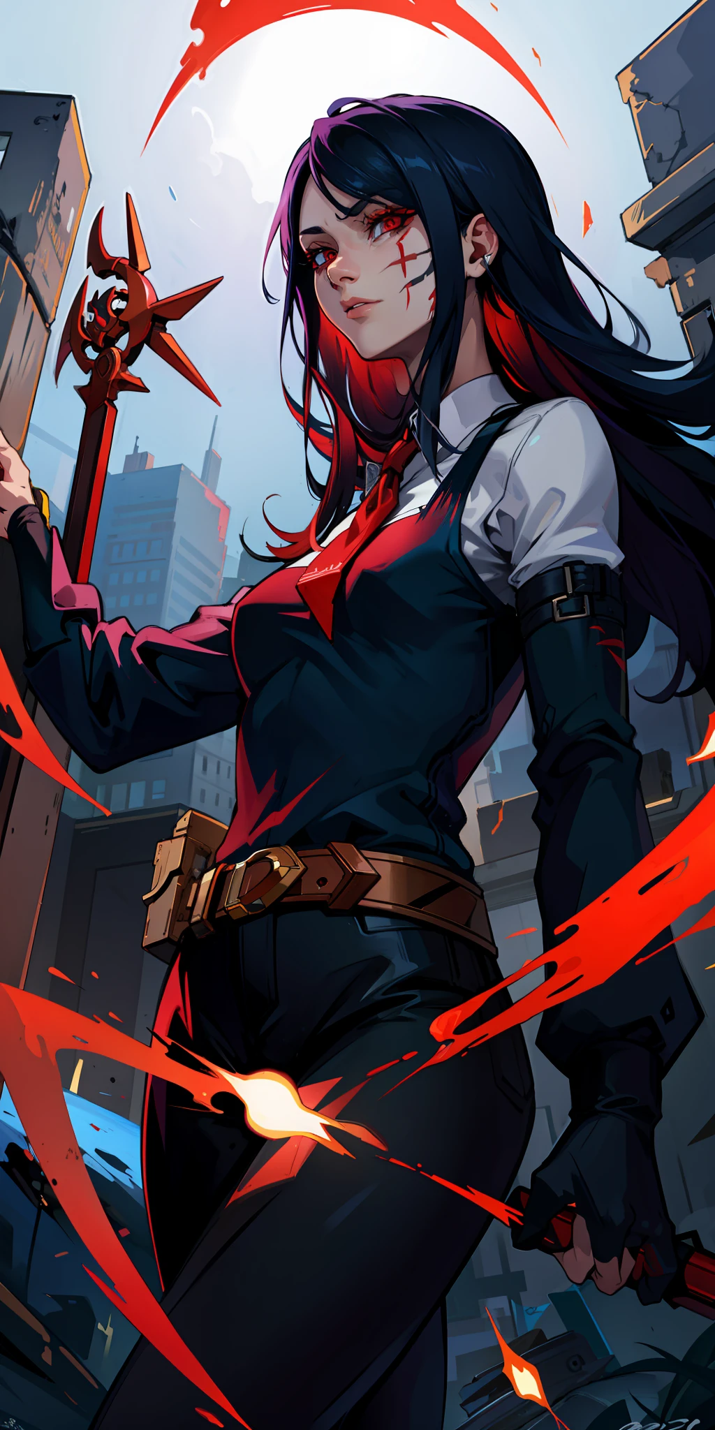 red eyes, scar on face, ringed eyes,