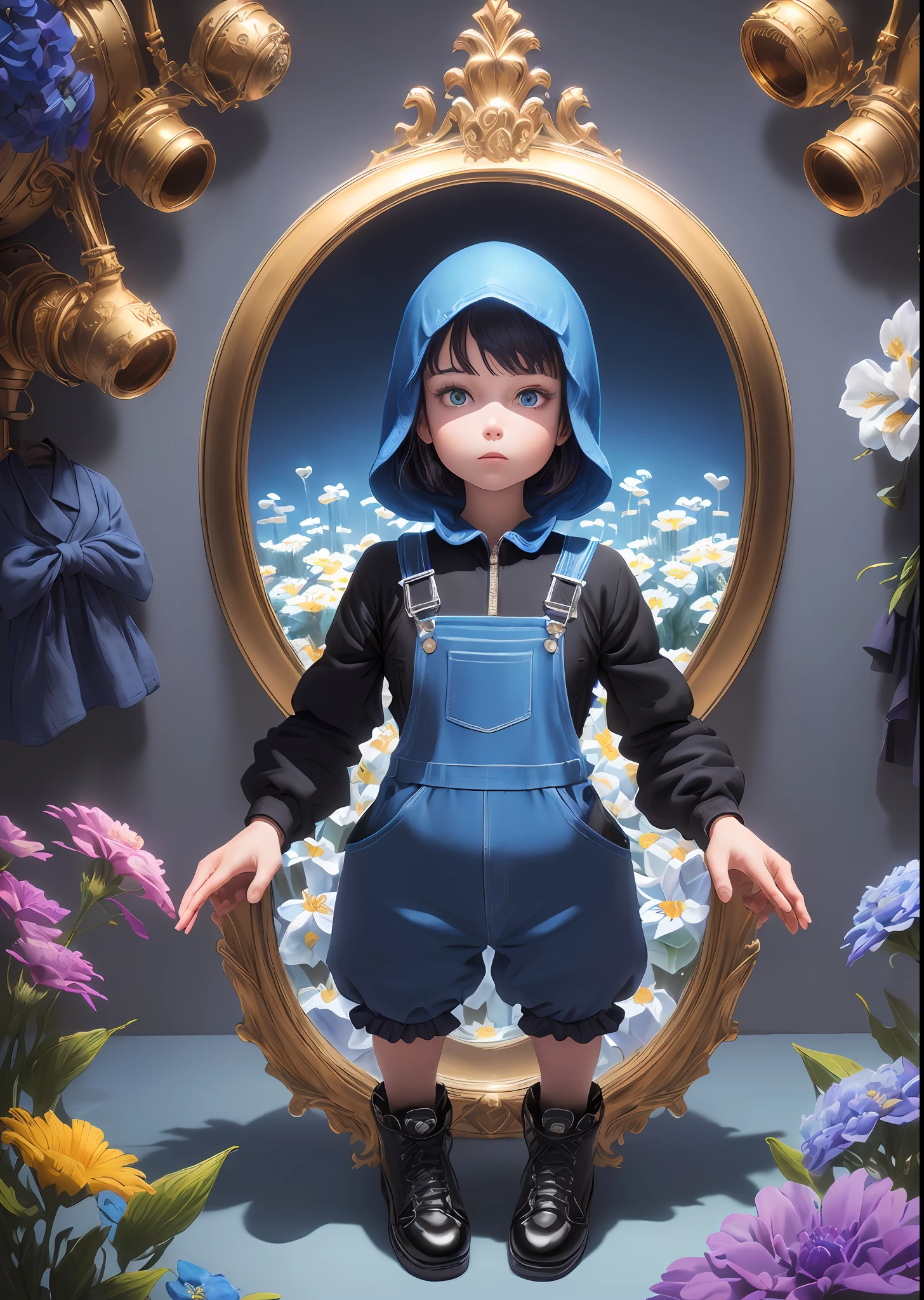 ((detailed image, incredible quality, high resolution)), (unique style, unlimited creativity),(mysterious and peculiar character),(blue jumpsuit),(does not have arms, hands, fingers, elbows or face),(overalls with black shoes), (mysterious or surreal scene), domti homti egg, voxels, field of flowers and a blue sky,