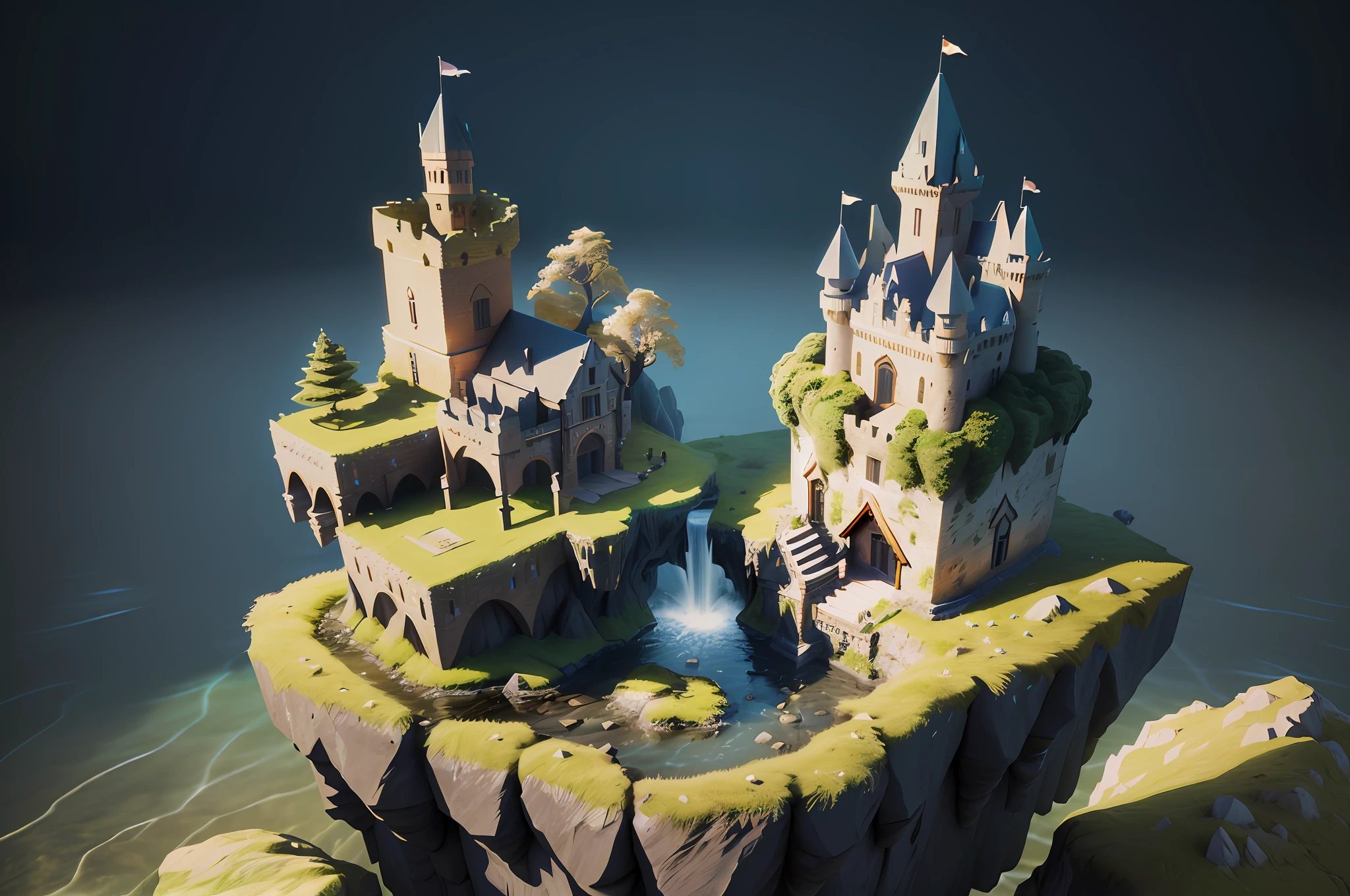 Best quality, masterpiece, there is a castle on an island with a waterfall, stylized 3d render, stylized 3d render, stylized 3d render, beautiful fairytale render, fantasy 3d render, (octane render) Fantasy style, realistic fantasy rendering, stylized 3d, rolands zilvinskis 3d rendering art, atmospheric lighting
