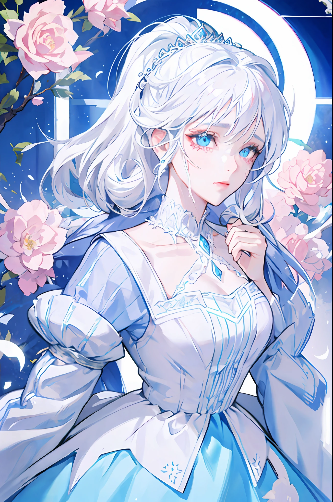 White Hair Woman, Light Blue Eyes, Royalty, Crying, Tears, High Quality, Highly Detailed, Detailed Face, Beautiful Woman, Light Blue Scarf, Pink Dress