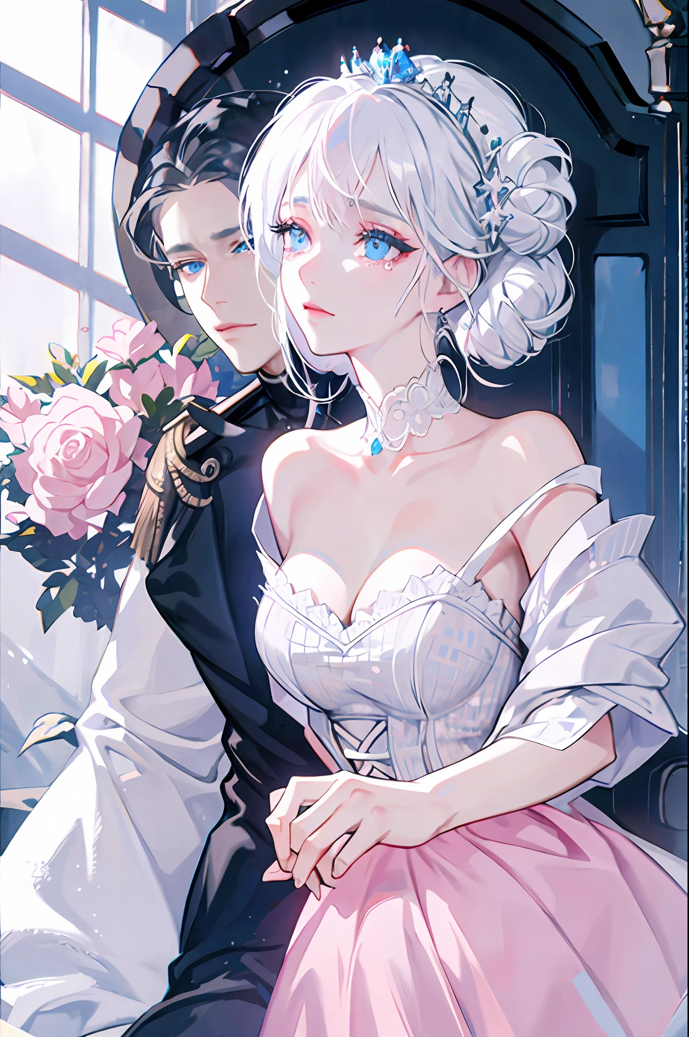 White Haired Woman, Light Blue Eyes, Royalty, Crying, Tears, High Quality, Highly Detailed, Detailed Face, Beautiful Woman, Pink Dress, Black Haired Man Comforts Her