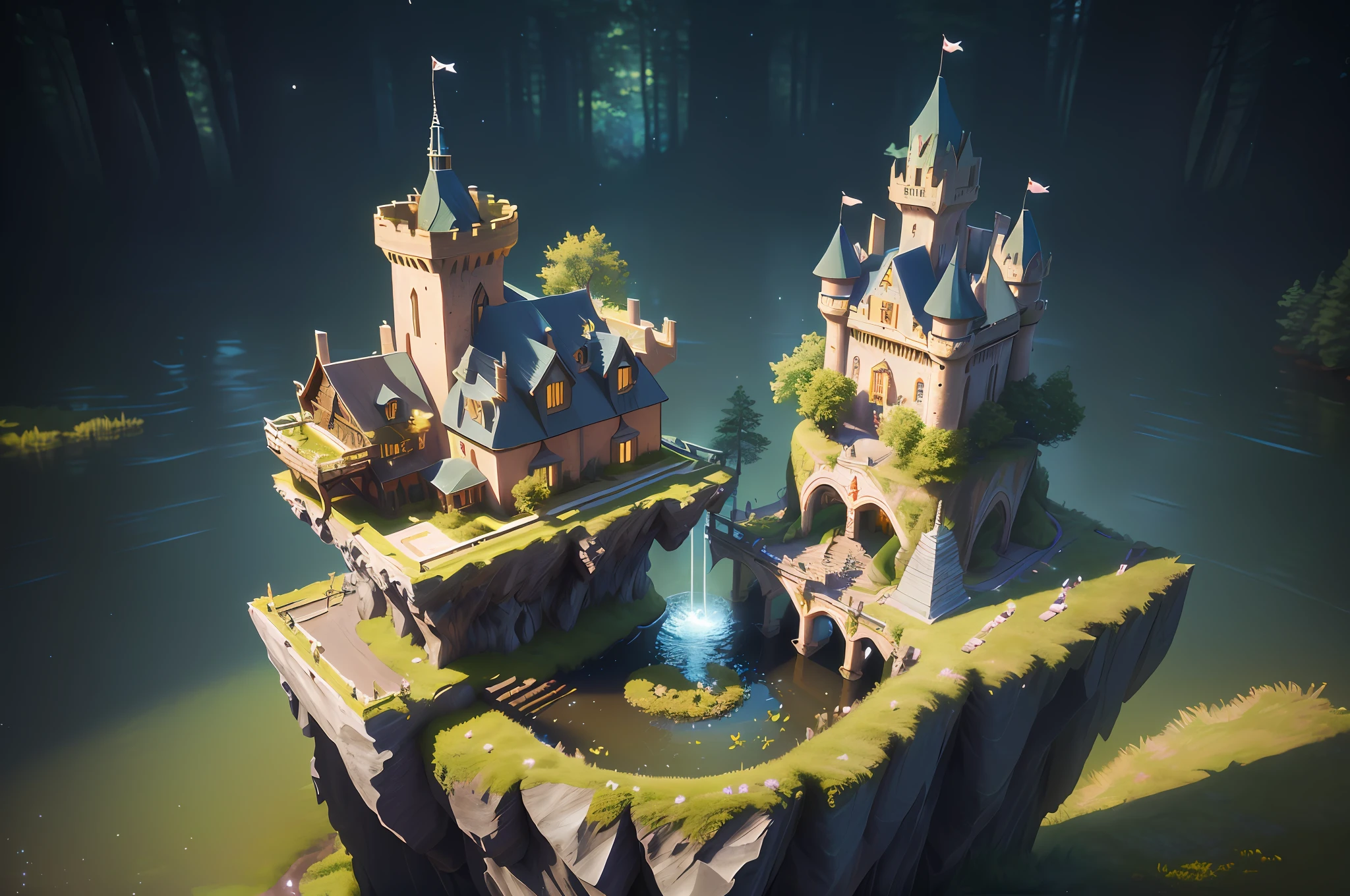 A masterpiece, the best quality, stunning reflections, the best reflections ever. (very detailed CG unity 8k wallpapers), (best quality), (best illustrations), (best shadows), forest theme with natural elements. Tall trees, quiet stream, small glowing mushrooms surrounded by delicate leaves and branches, with fireflies and glowing particle effects, a castle on an island with a waterfall, stylized 3d rendering, 3d rendering stylized, stylized for 3d render, beautiful fairytale render, fantasy 3d render, (octane render) fantasy style, realistic fantasy render, stylized 3d, rolands zilvinskis 3d render art, atmospheric lighting