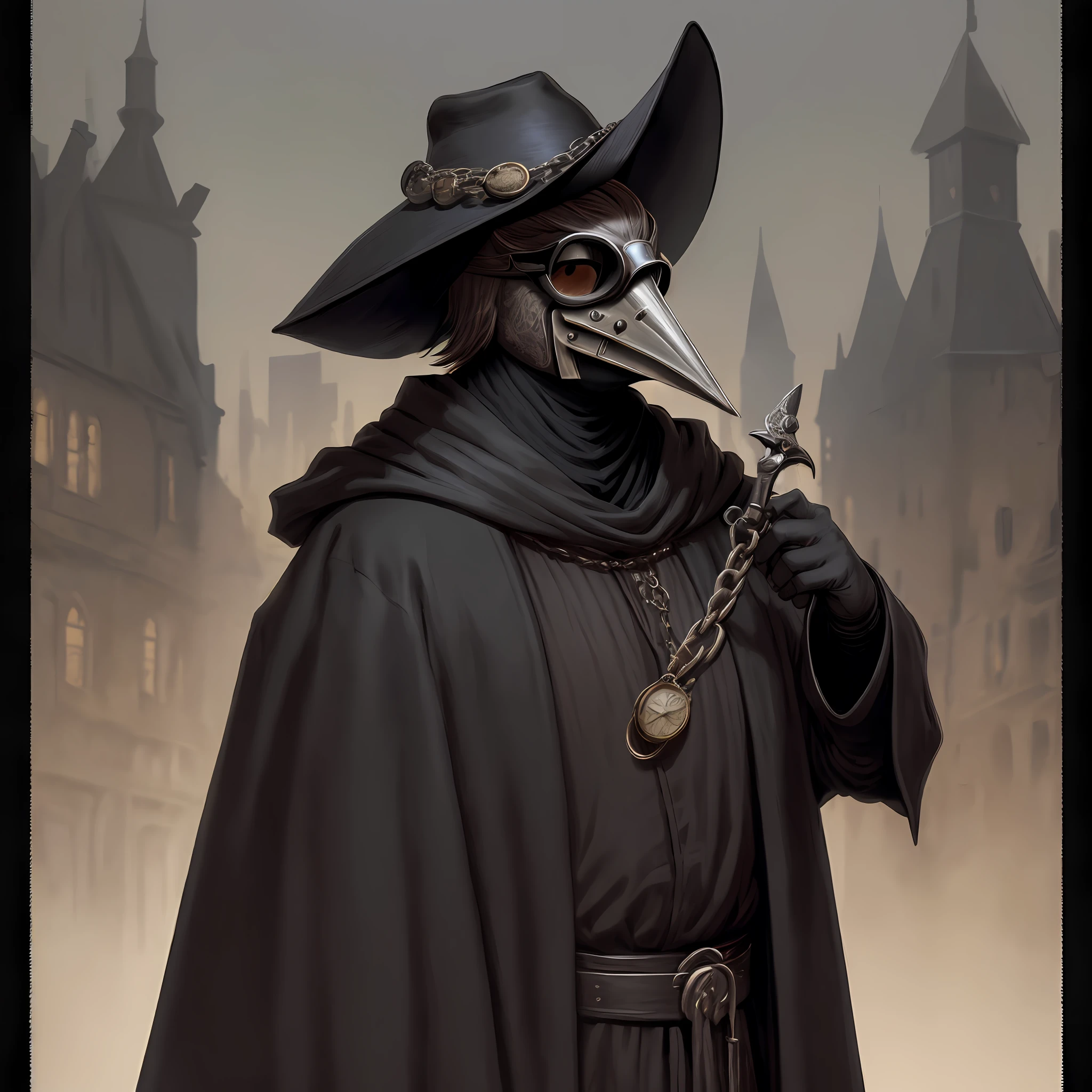 (masterpiece, best illustration,) medieval, beak mask, black robe, city background, doctor, masked, alone, clear, fine motor, wearing hat with brim, wearing glasses, can&#39;t see glasses, holding pocket watch with chain