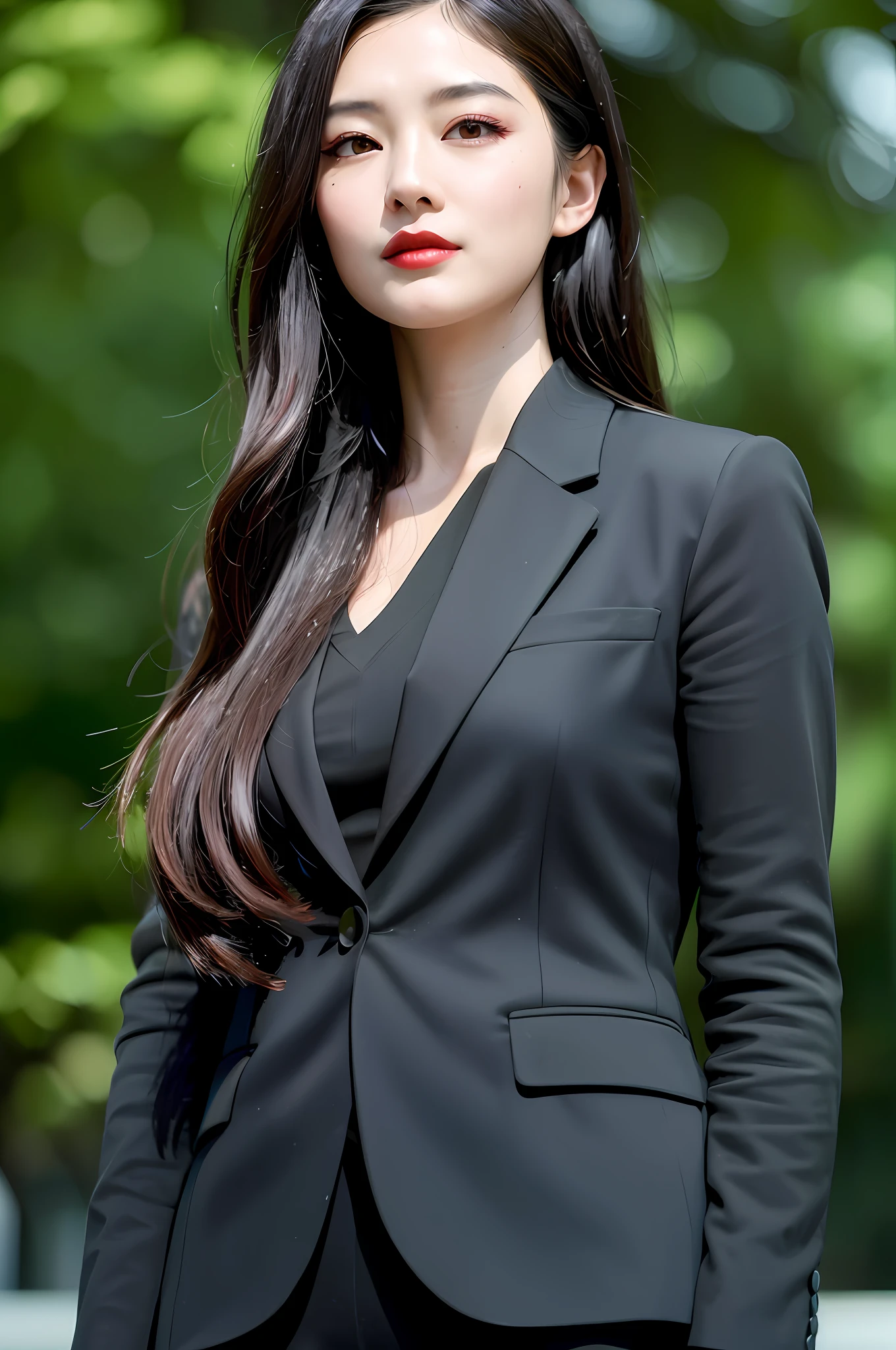 korean woman in a black suit and red lipstick posing for a picture, wearing black business suit, girl in suit, woman in black business suit, girl in a suit, wearing a black suit, wearing black suit, wearing a black noble suit, wearing business suit, wearing a business suit, black business suit, woman in business suit, wearing causal black suits