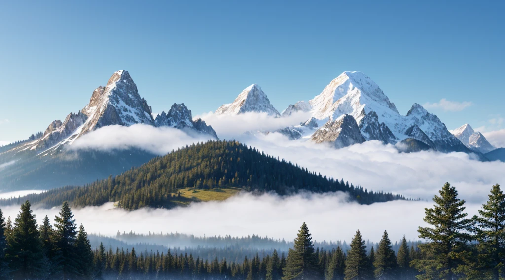 Imagine a vast and ancient forest, with towering trees that stretch up towards the sky. The forest is shrouded in mist, and the ground is covered in a soft blanket of dewy grass. In the distance, you can see the faint outline of a mountain range, with snow-capped peaks that glisten in the early morning light.