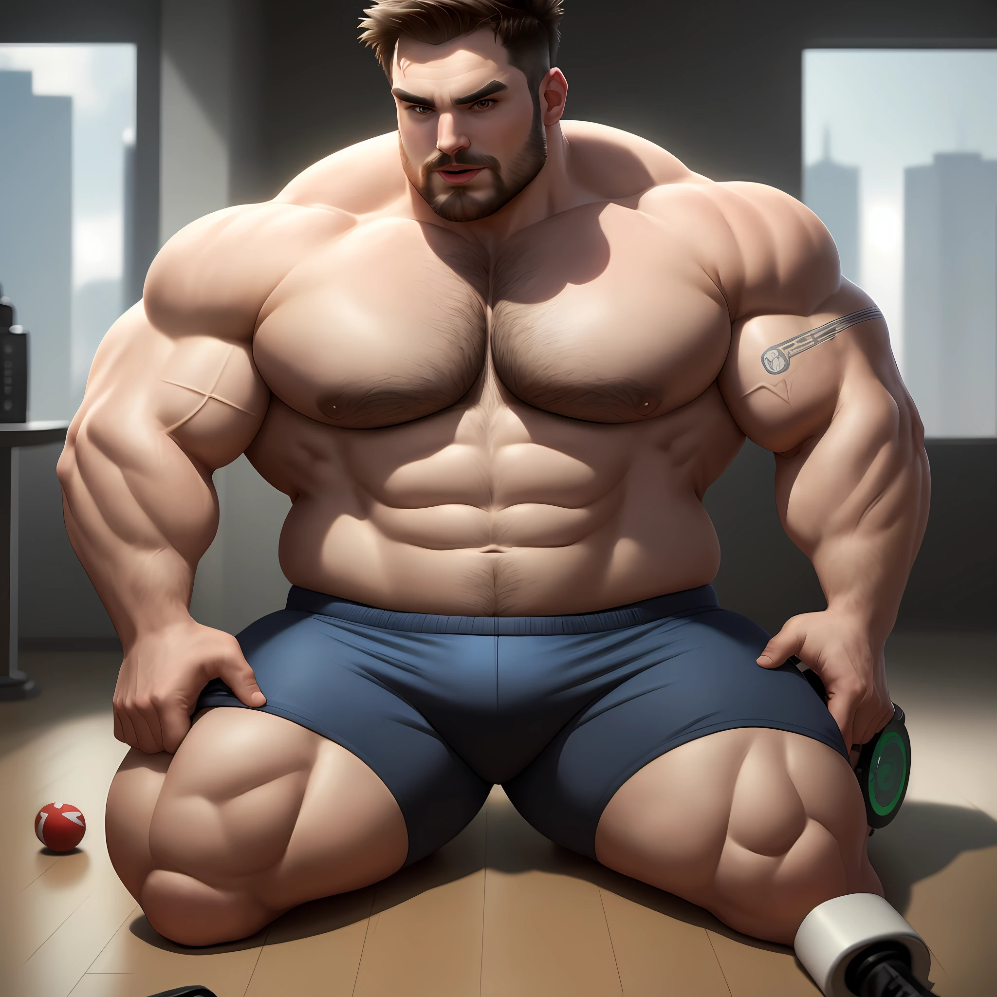 there is a man sitting on the floor with a remote control, holding a pair of fans. unreal 5, vinny from vinesauce, adam varga, h3h3, charlie cox, zachary corzine, vinny vinesauce, profile picture 1024px, twitch streamer / gamer ludwig, by Siona Shimshi, chris evans as a powerlifter, exaggeratedly large physique, showing off his muscles, flexing large muscles, strong and imposing, showing off biceps